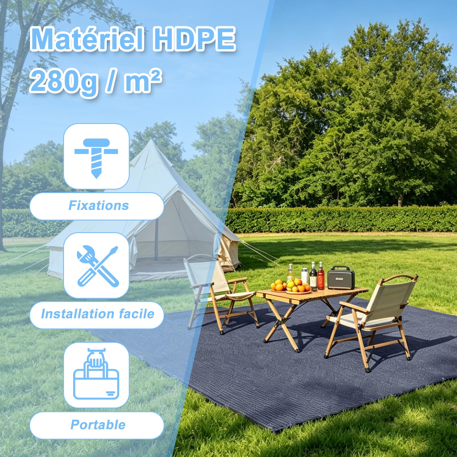 COOL AREA Tapis de Sol pour Auvent de Tente - Tapis de Camping Extérieur Respirant et Antidérapant avec Sac de Transport - Gris Bleu