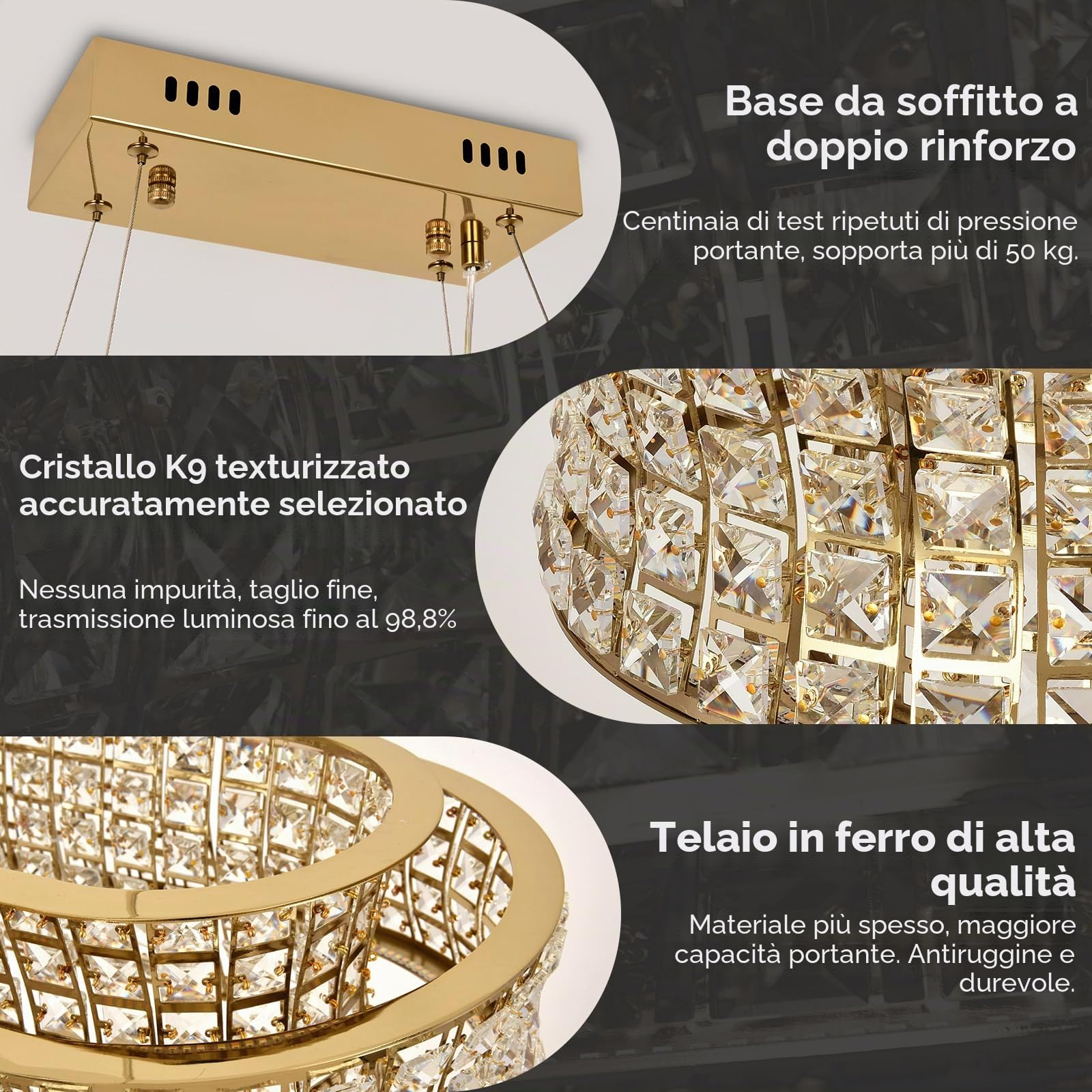 Lampadario moderno in cristallo dorato, lampade a sospensione ovali a LED, lampadari dorati regolabili per ingresso, soggiorno, sala da pranzo 80x35 cm