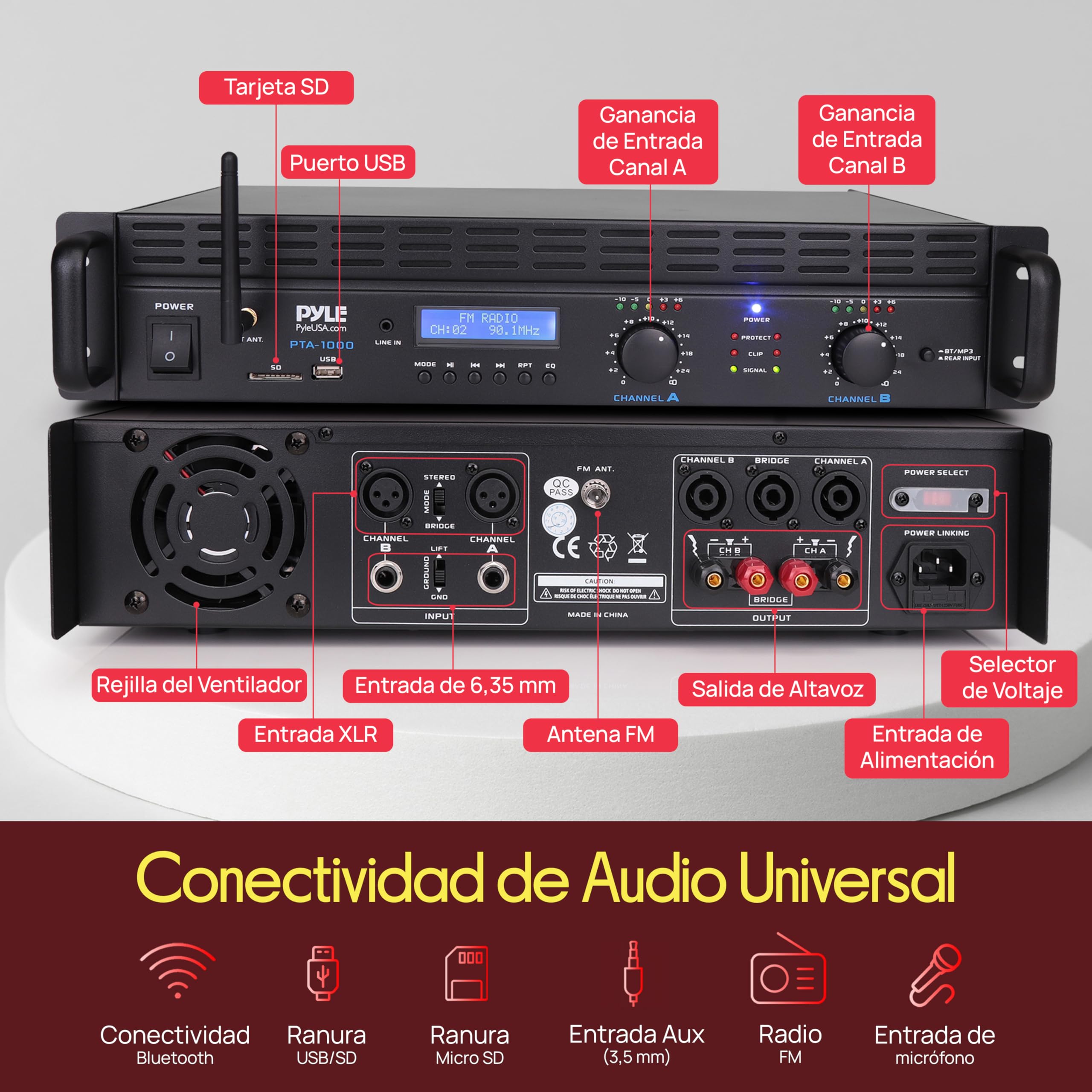Pyle Amplificador de Potencia Bluetooth de 2 Canales, 2000 W, Montaje en Rack, Receptor estéreo inalámbrico de Audio Profesional con Entrada TRS XLR, LCD, Modo Puente, Ventilador de refrigeración
