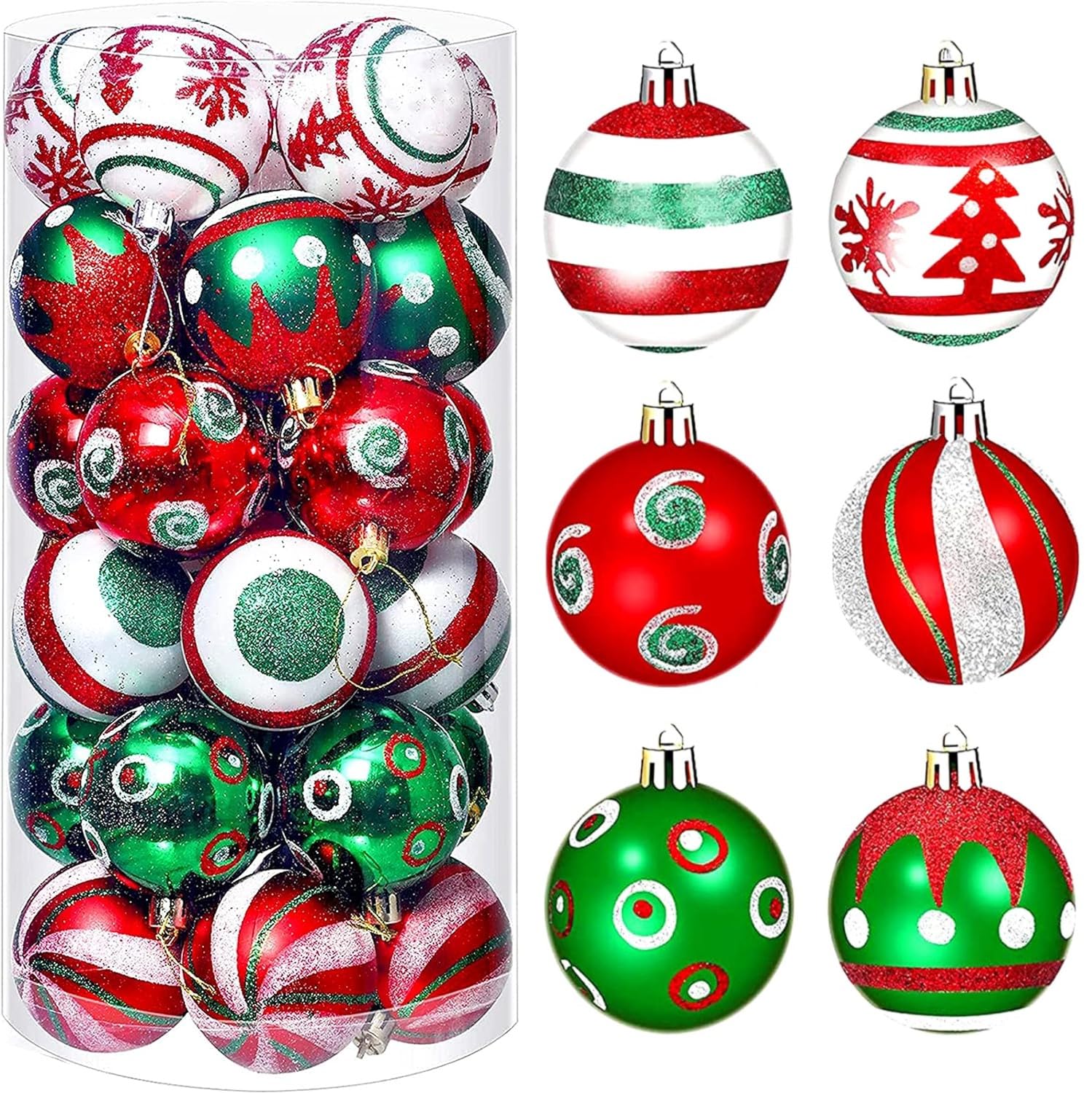 Kaheign Red, Green, Silver 30Pcs Christmas Baubles, 6Cm Red And Green Christmas Ball Ornaments Shatterproof Christmas Hanging Balls Sets For Christmas Tree Holidays Home Xmas Party Decoration (6 Styles)