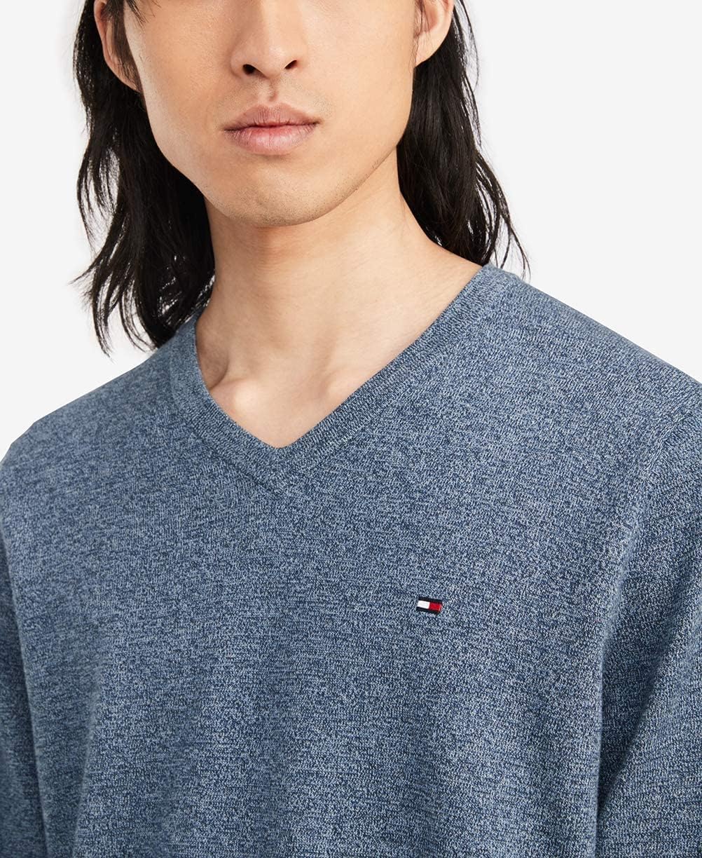 Tommy Hilfiger Men's Long Sleeve Cotton V-Neck Pullover Sweater Medium Captains Blue Heather / Eclipse