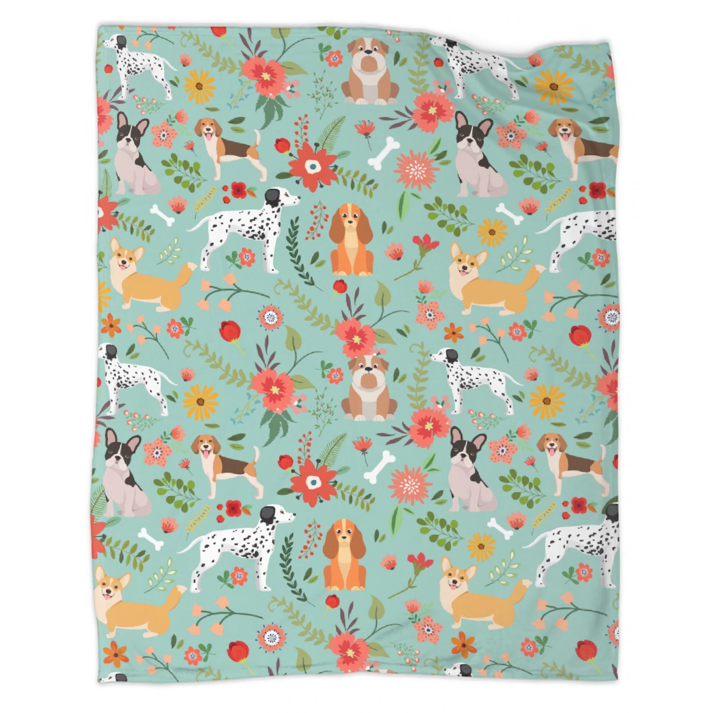 JOCASA Floral Dog Blanket Gifts Flannel Lightweight Soft Cozy Blankets Throws Bedding Kids Adult Couch Sofa Bedroom Camping Travel Girls Boys 90
