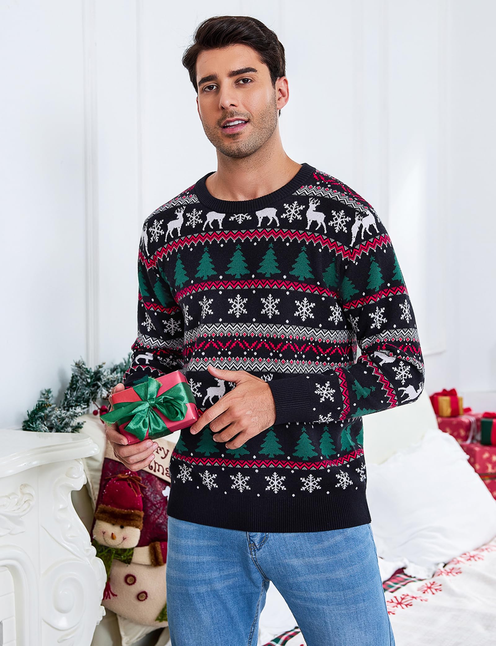 Gyabnw Jersey de Navidad Hombre de Punto Manga Larga Cuello Redondo
