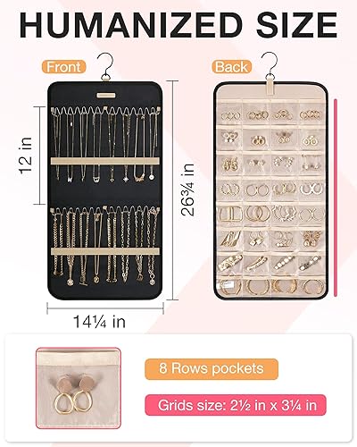 Miniatura 72 de BAGSMART Organizador de collares colgantes, rollo de almacenamiento con ganchos de metal, organizador de joyas de doble cara para collares, pulseras