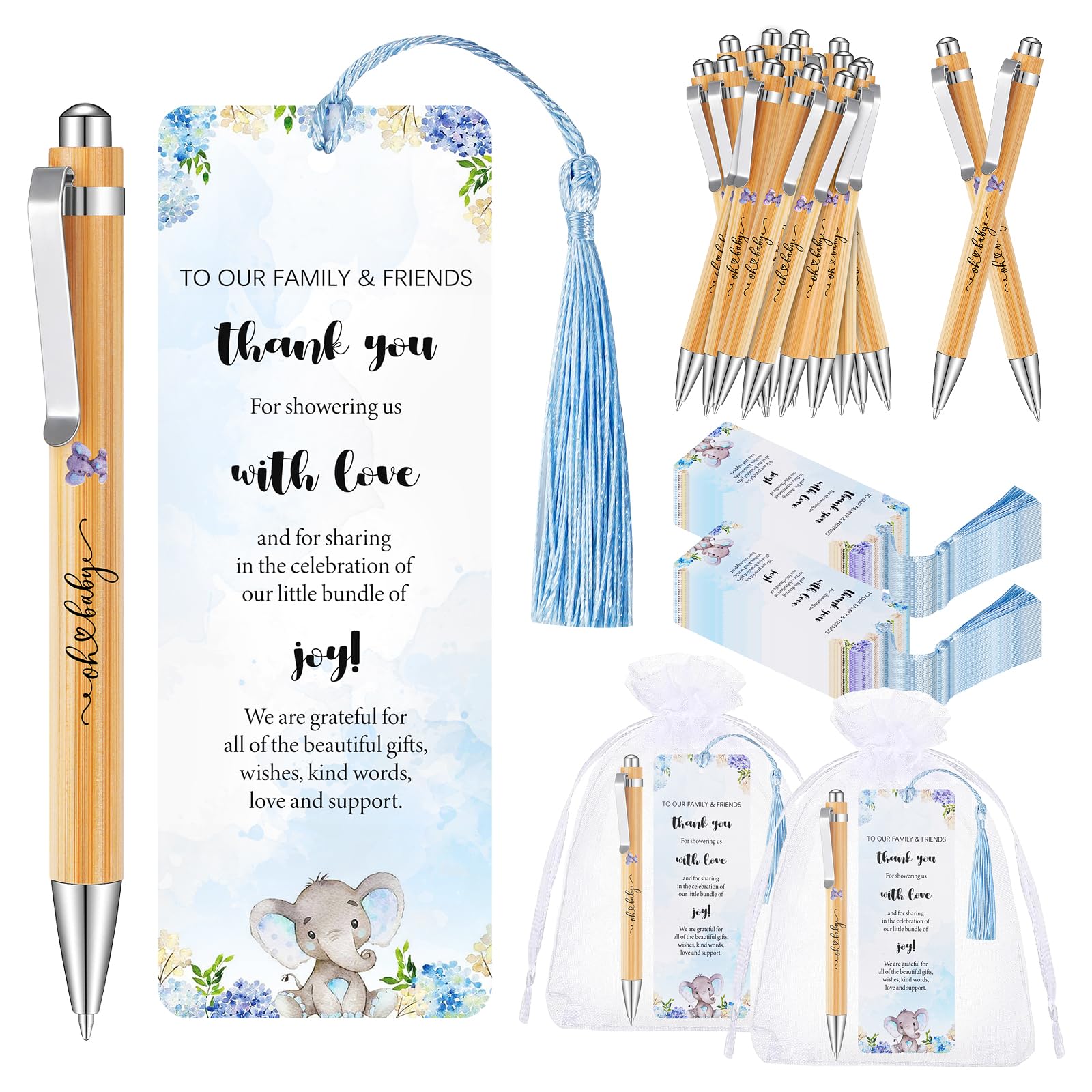 50 Sets Baby Shower Favors for Guests, Includes Bamboo Ballpoint Pens Thank You Bookmarks Organza Bags Baby Shower Party Favors Gender Reveal Gifts