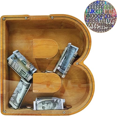 Miniatura 367 de Alcancía para niños y niñas, alcancía grande de madera personalizada con diseño recortado, bancos de monedas con letras del alfabeto, caja de ahorro