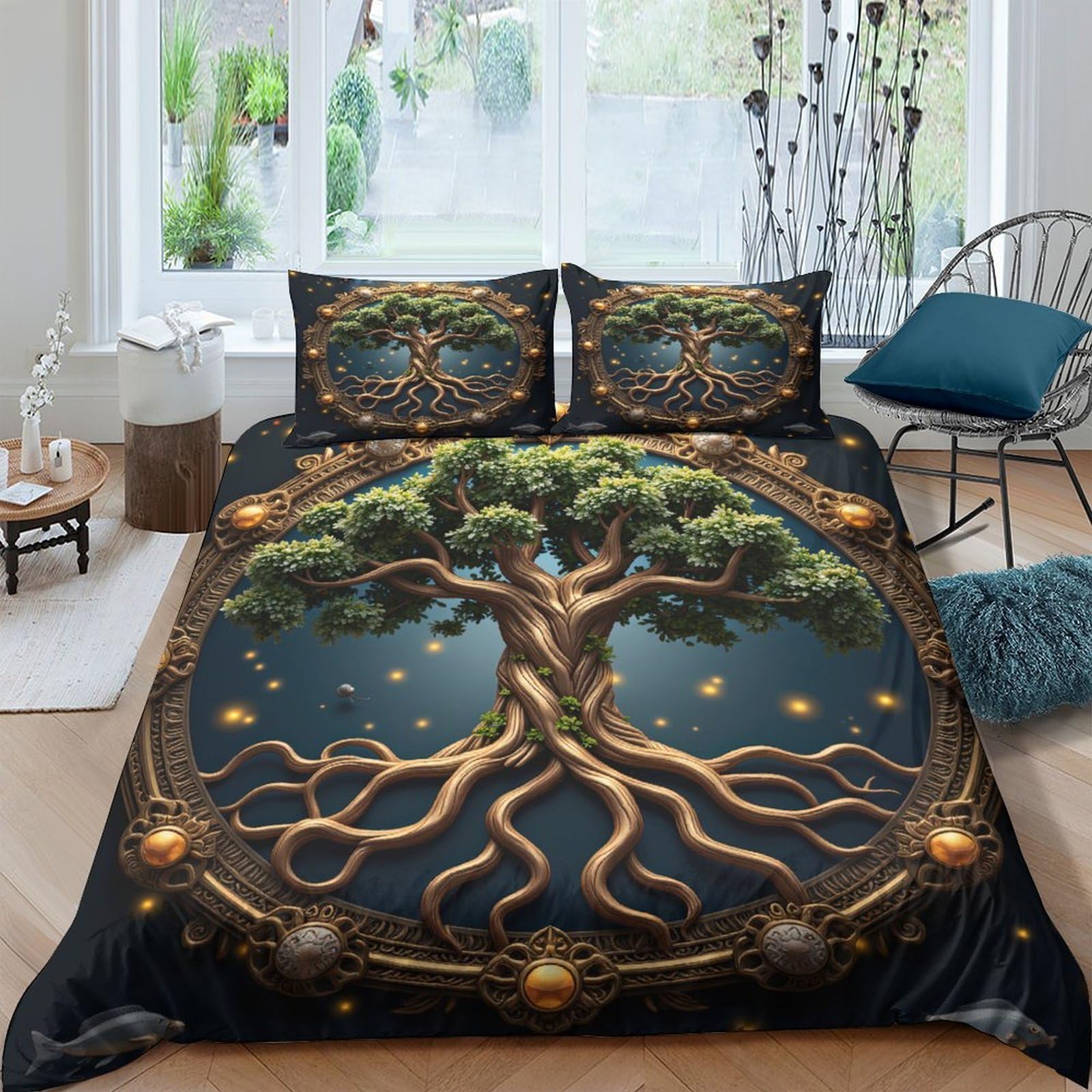 Ctjqhvkz Style-4 3D Printed Tree Of Life Fitted Sheet Microfiber Deep Green Brown Roots Mattress Cover For Bedroom Home Decor Single（135X200cm）