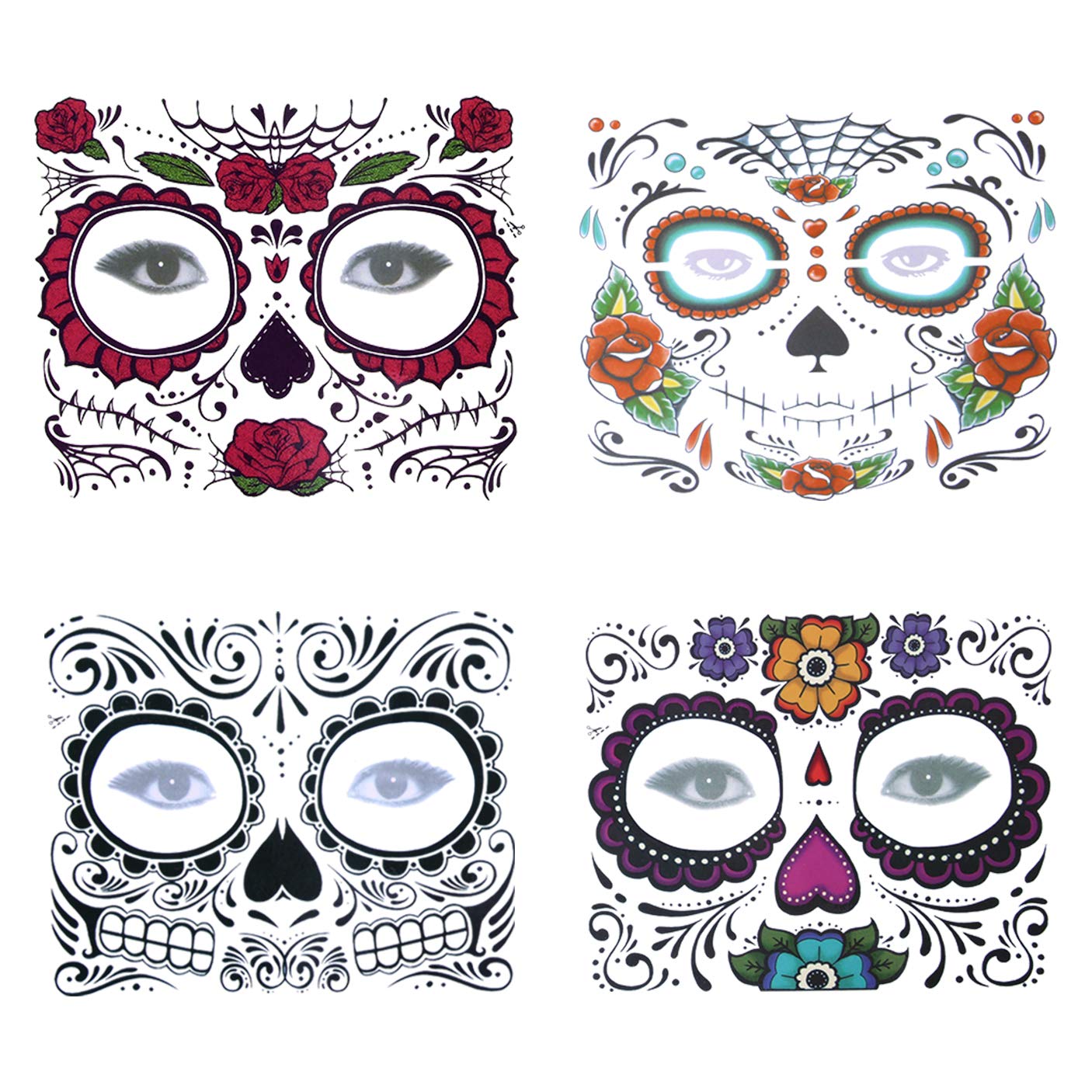 4 Kits Day of the Dead Sugar Skull Temporary Face Tattoo Makeup Tattoo for Men and Women with 1 Rose Red Flower Crown Headband for Halloween Costume - Image 6
