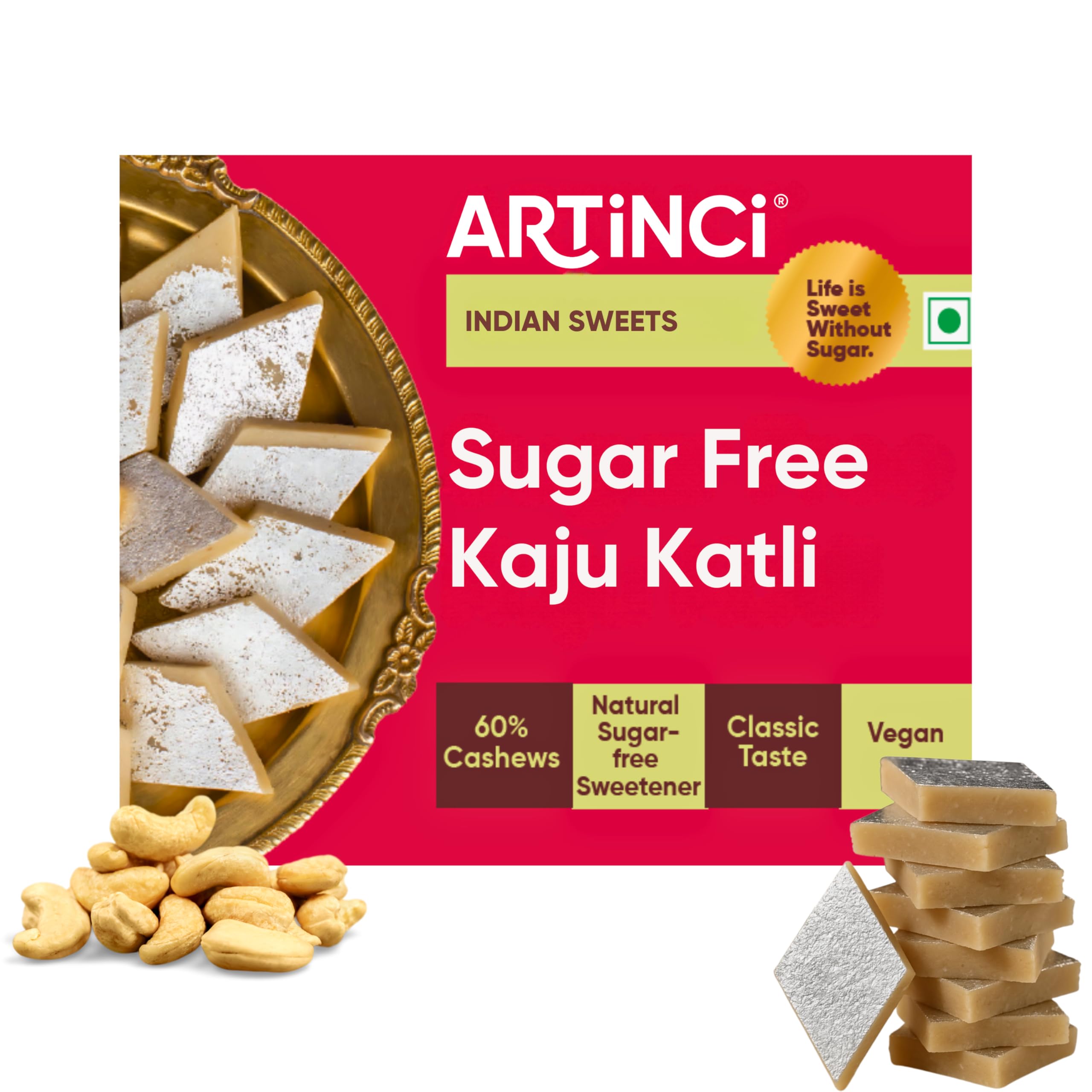 Artinci Sugar Free Kaju Katli, Low carb, Keto Friendly, Pure, Tasty & Healthy Indian Sweets, Vegan, Made with pure Cashew Nuts, Ideal for Special Occasion & Festivals, Sugarfree Mithai, (200g)