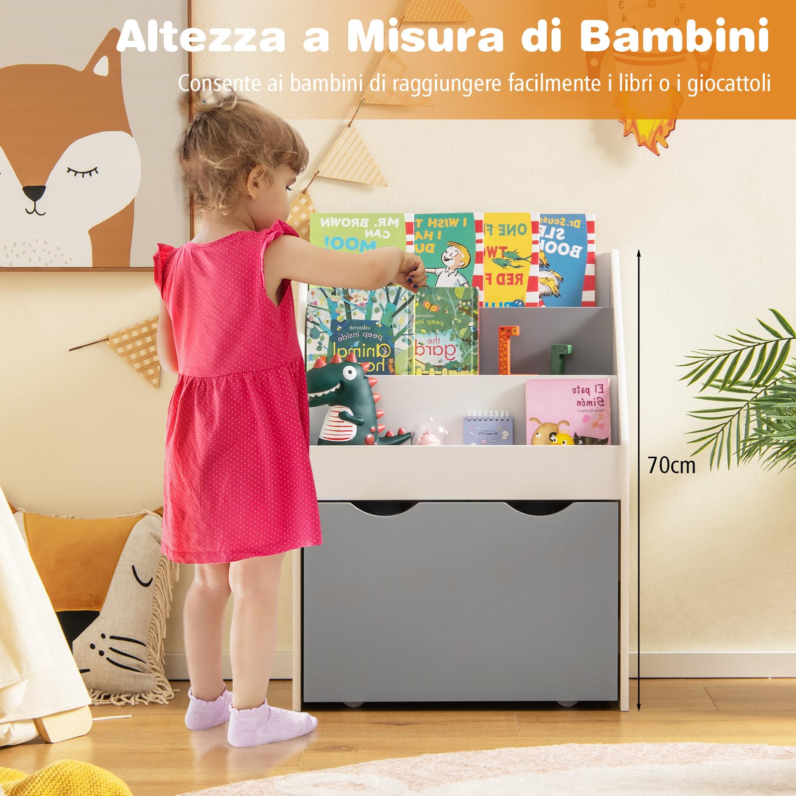 COSTWAY Libreria Montessoriana per Bambini, Scaffale per Libri a 3 Livelli con Cassetto Inferiore e 4 Ruote, per Cameretta, Stanza dei Giochi e Asilo, 50 x 28 x 70 cm, Grigio e Bianco