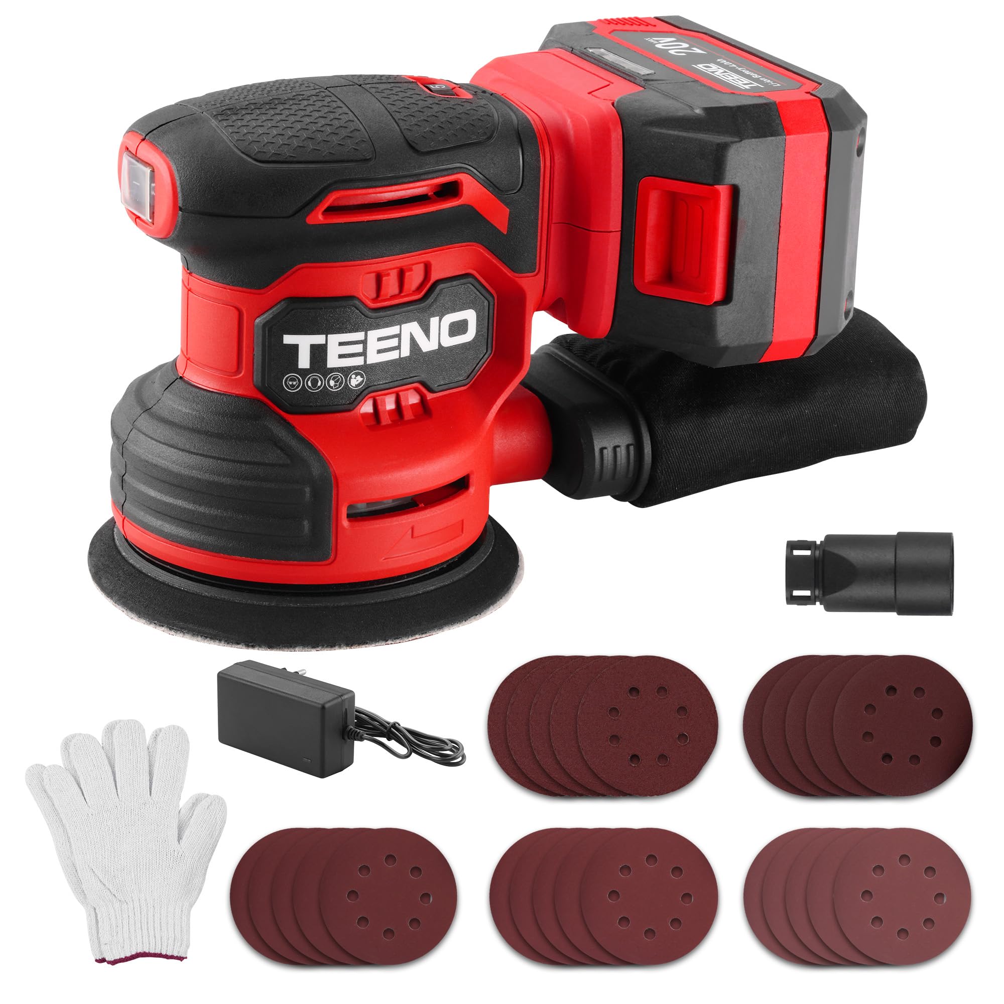 TEENO Ponceuse Orbitale Sans Fil 20V - Ponceuse Excentrique 125mm 6000-12000 tr/min, Kit Complet avec 25 Papiers de Verre, Batterie 4.0Ah et Système d'Aspiration