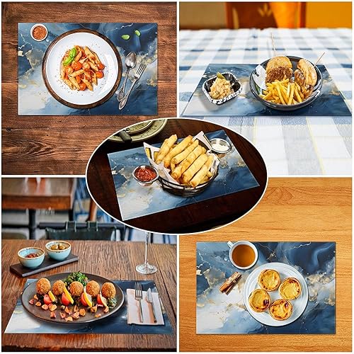 Miniatura 5 de Juego de 4 manteles individuales de mármol azul dorado de 12 x 18 pulgadas, manteles individuales abstractos para mesa, fiesta, cocina, comedor