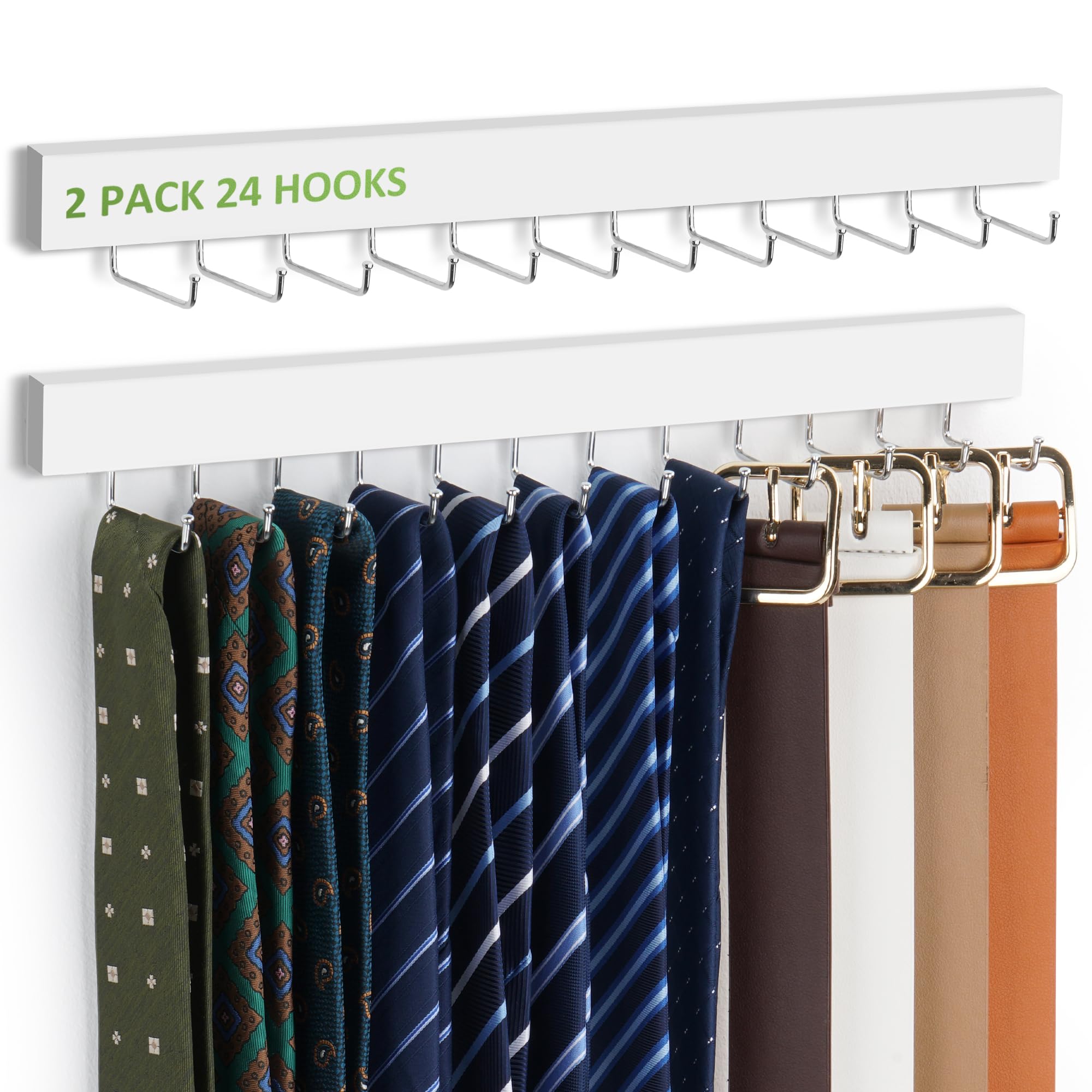 Photo 1 of 2 Pack Tie Hanger Wall Mounted, Wooden Tie Rack Belt Hanger with 24 Non Slip 180° Rotating Hooks, Belt Organizer Space Saving Tie Hanger for Closet, Tie Holder & Tie Organizer, White