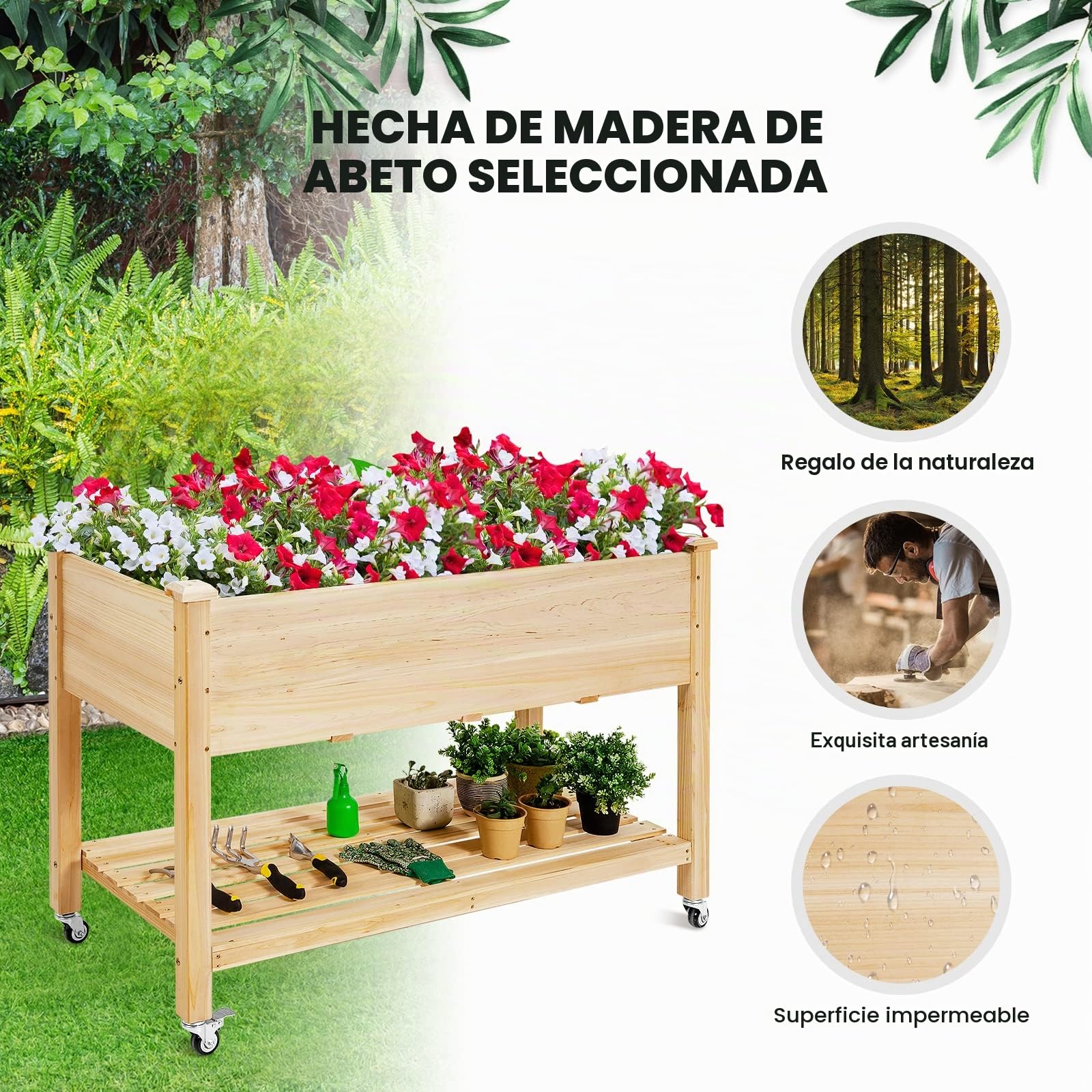 GOPLUS Jardinera Exterior con Ruedas Bloqueables y Estante, Cama Elevada de Madera de Abeto con Agujeros de Drenaje y Forro no Tejido, Huerto Urbano para Flores Hierbas Verduras, 120 x 59 x 84 cm