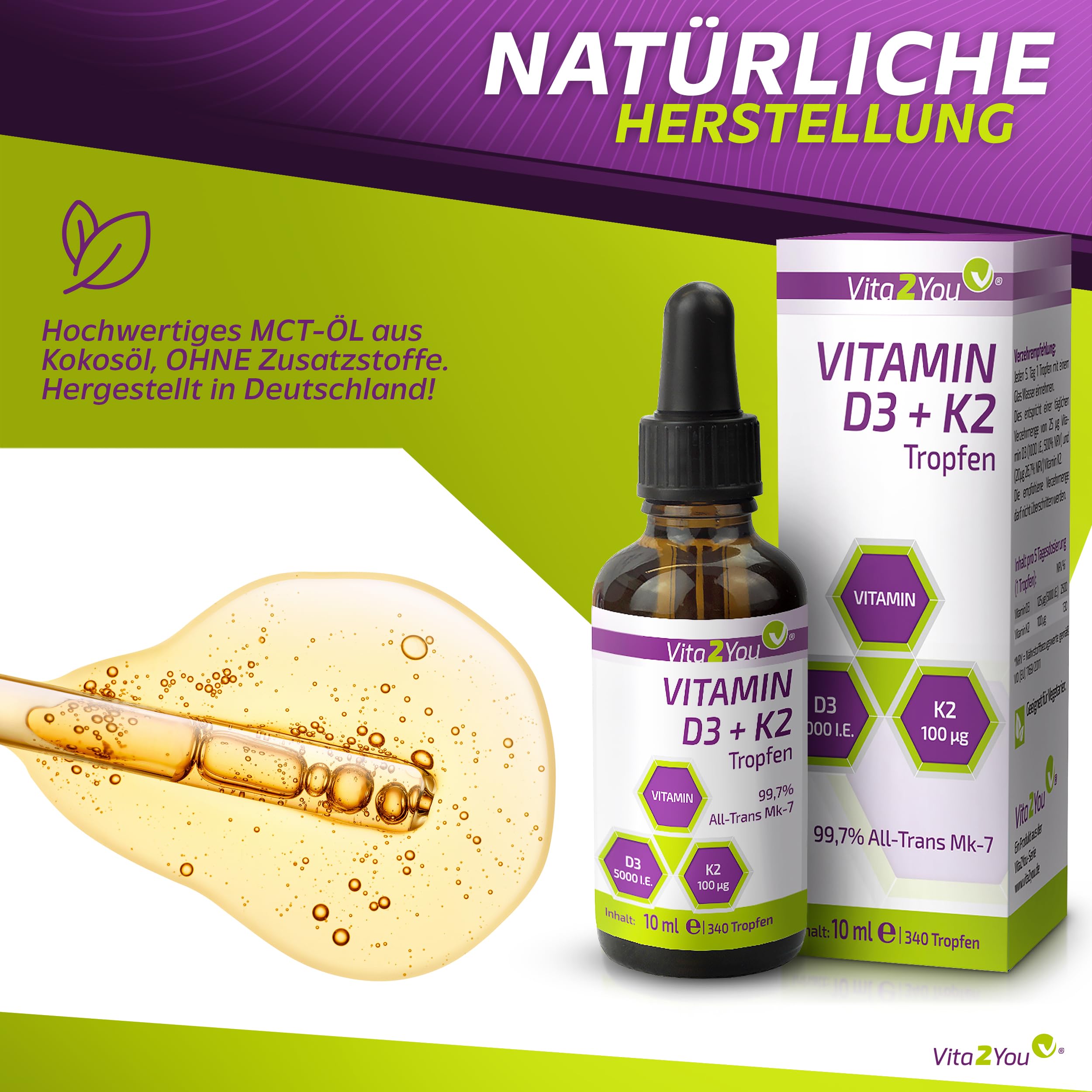 Vita2You Vitamin D3 + K2 Tropfen - Vitamin D3 5000 IE - Vitamin K2 100µg pro Tropfen - K2VITAL - MK-7-99,7% All-Trans - MCT-Öl - Premium Qualität - Made in Germany