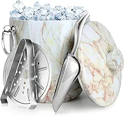 Balde De Gelo De Aço Inoxidável De 3 Litros Com Tampa, Colher, Pinça E Coador (Mármore)