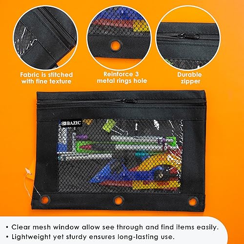 Miniatura 3 de BAZIC - Estuche para lápices de 3 anillos con agujero de anillos reforzados, bolsas de malla negra con cremallera para ventana, 4 unidades