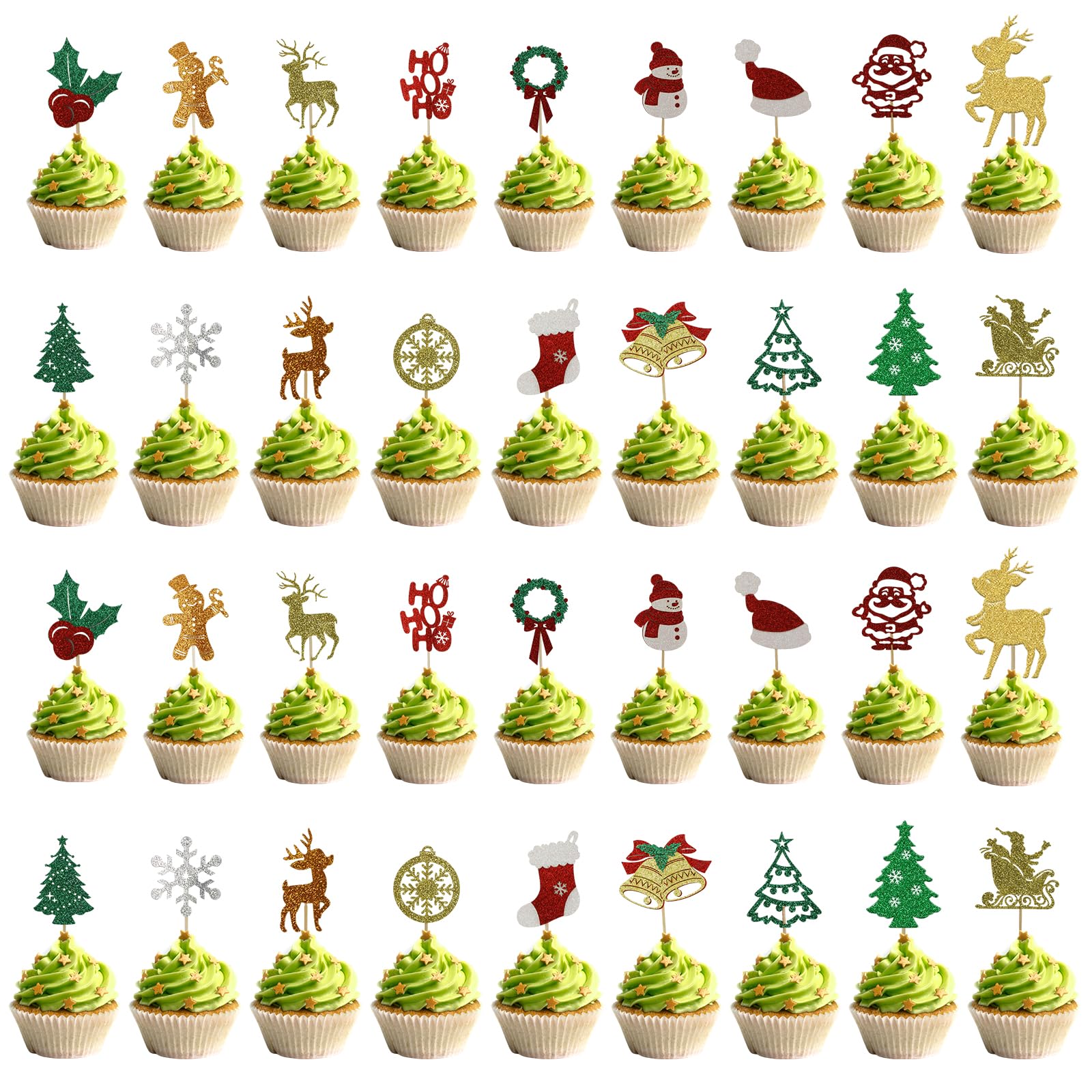36Pcs Merry Christmas Cupcake Toppers Set, Green Glitter Christmas Tree Santa Hat Deer Snowflake Cupcake Picks Decorations for Winter Xmas Holiday New Year Birthday Party Baby Shower Cake Decorations