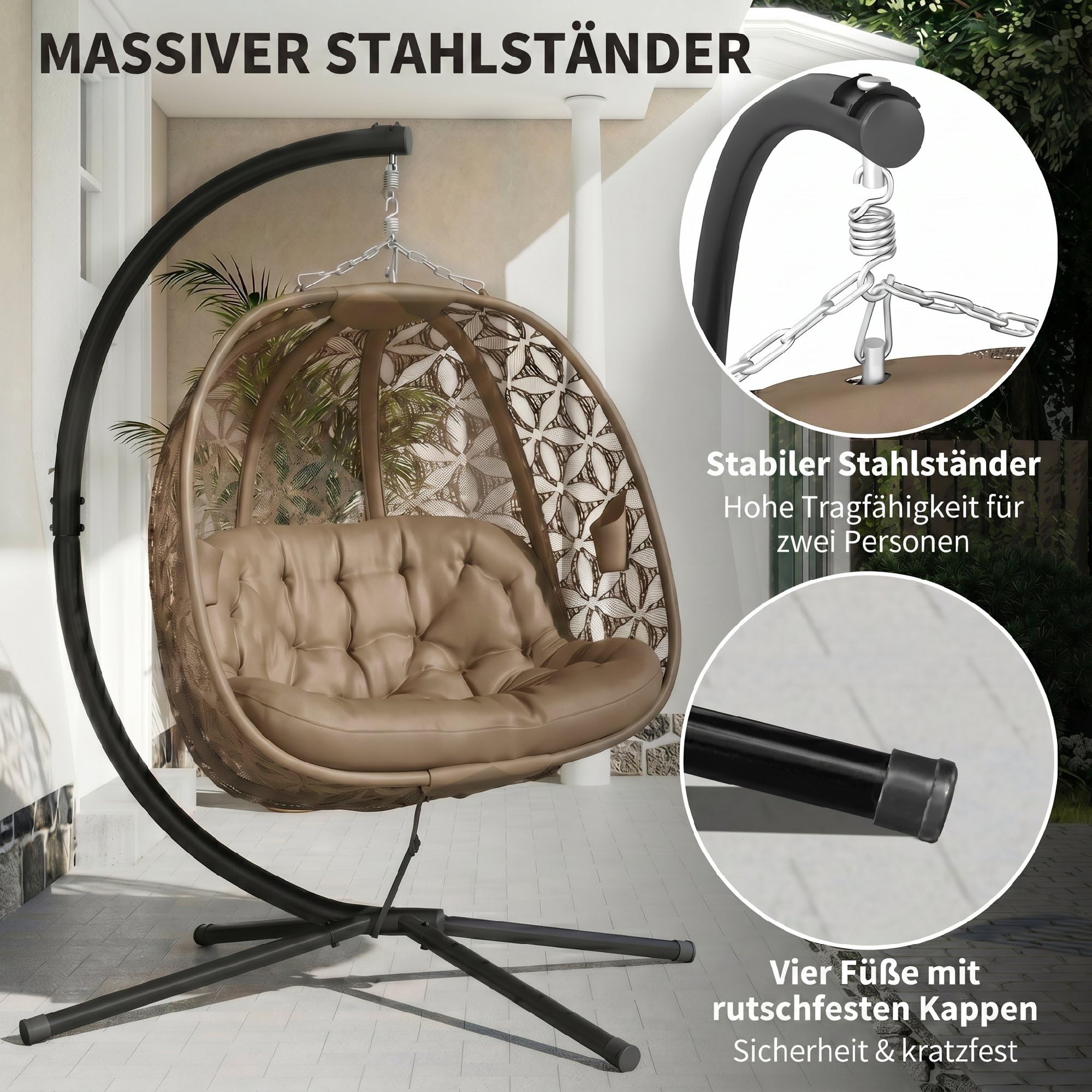 Outsunny Hängesessel mit Gestell für 2 Personen faltbar Hängekorb mit dick Kissen Getränkehaltern Sicherheitsgurt, XXL Eiförmiger Hängeschaukel bis 240 kg Schaukelsessel für Indoor Outdoor Garten Sand