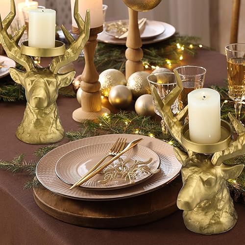 Miniatura 6 de Thyle Juego de 2 candelabros dorados de renos para decoración de mesa de ciervo de Navidad, soporte de vela de resina con cabeza de ciervo para