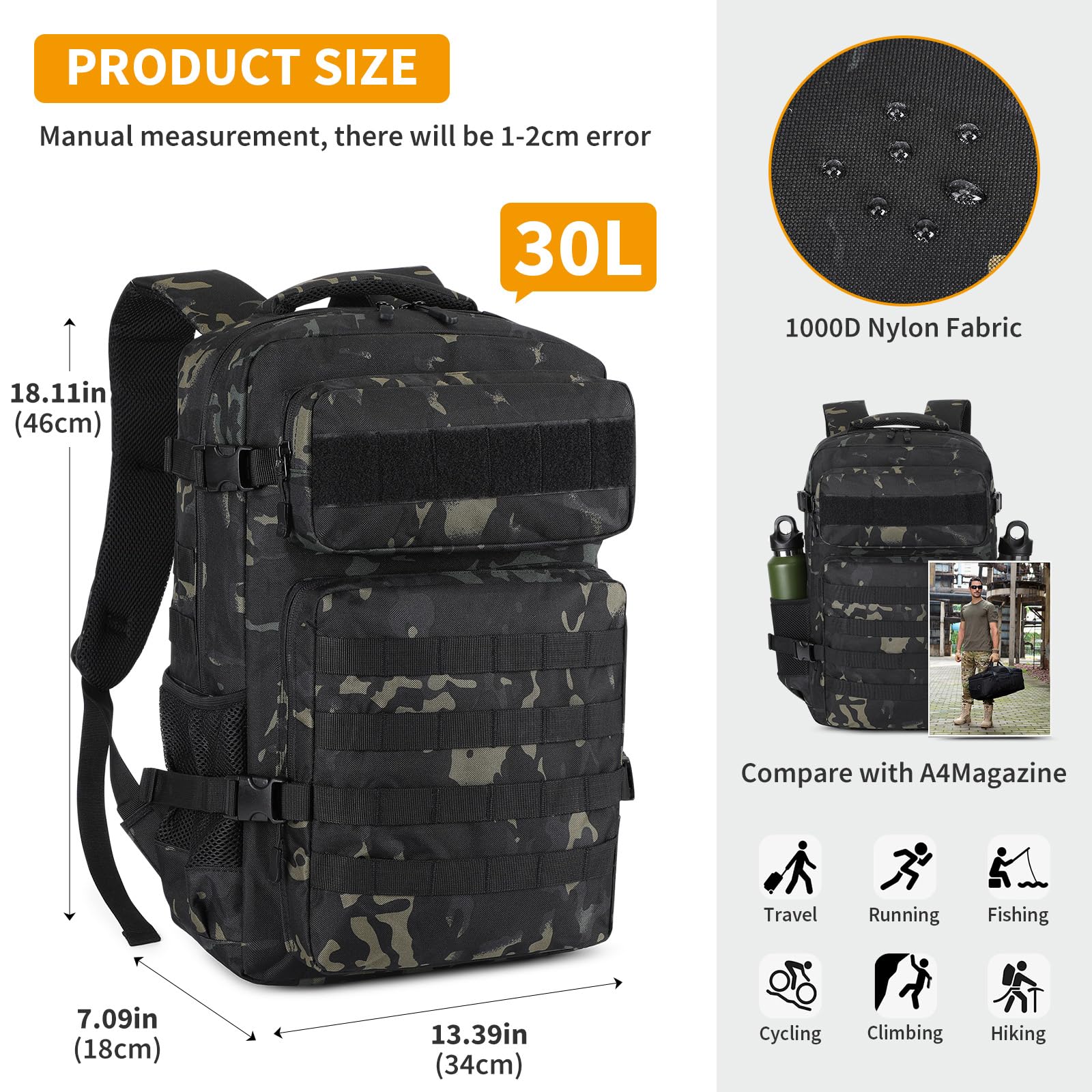 HUNTVP Militär Rucksack Herren 30L Taktischer Rucksack Molle Wanderrucksack Tactical Backpack Sportrucksack Bundeswehr Wasserdicht Daypack für Wandern Camping Outdoor,30L-Camouflage