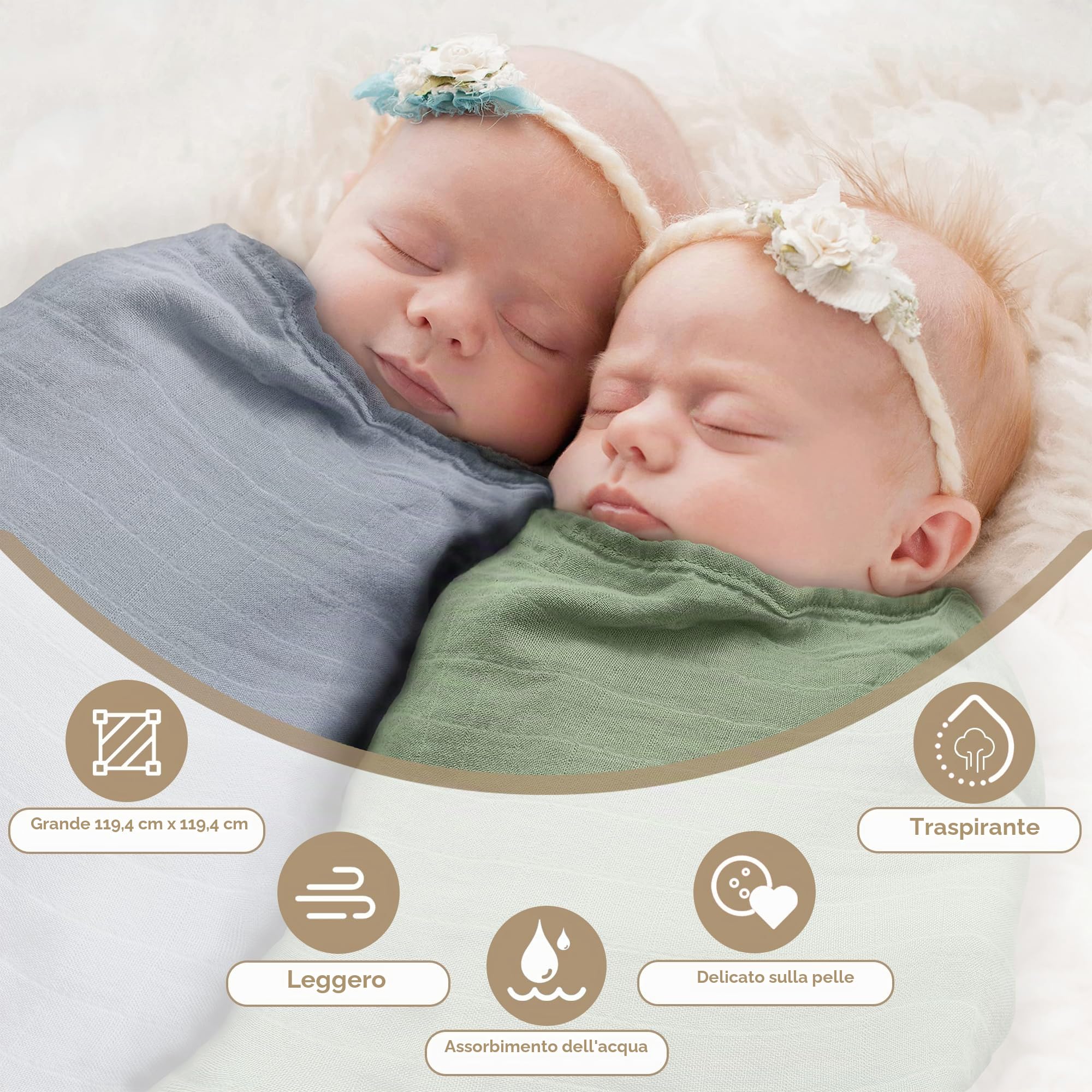 Moonkie Mussole Neonato-2 Pezzi, Swaddle Neonato120x120cm, Coperta Neonato, Mussole Bamboo & Cotone, Copertina Neonata, Super Morbido & Traspirante, Certificato OKEO-TEX