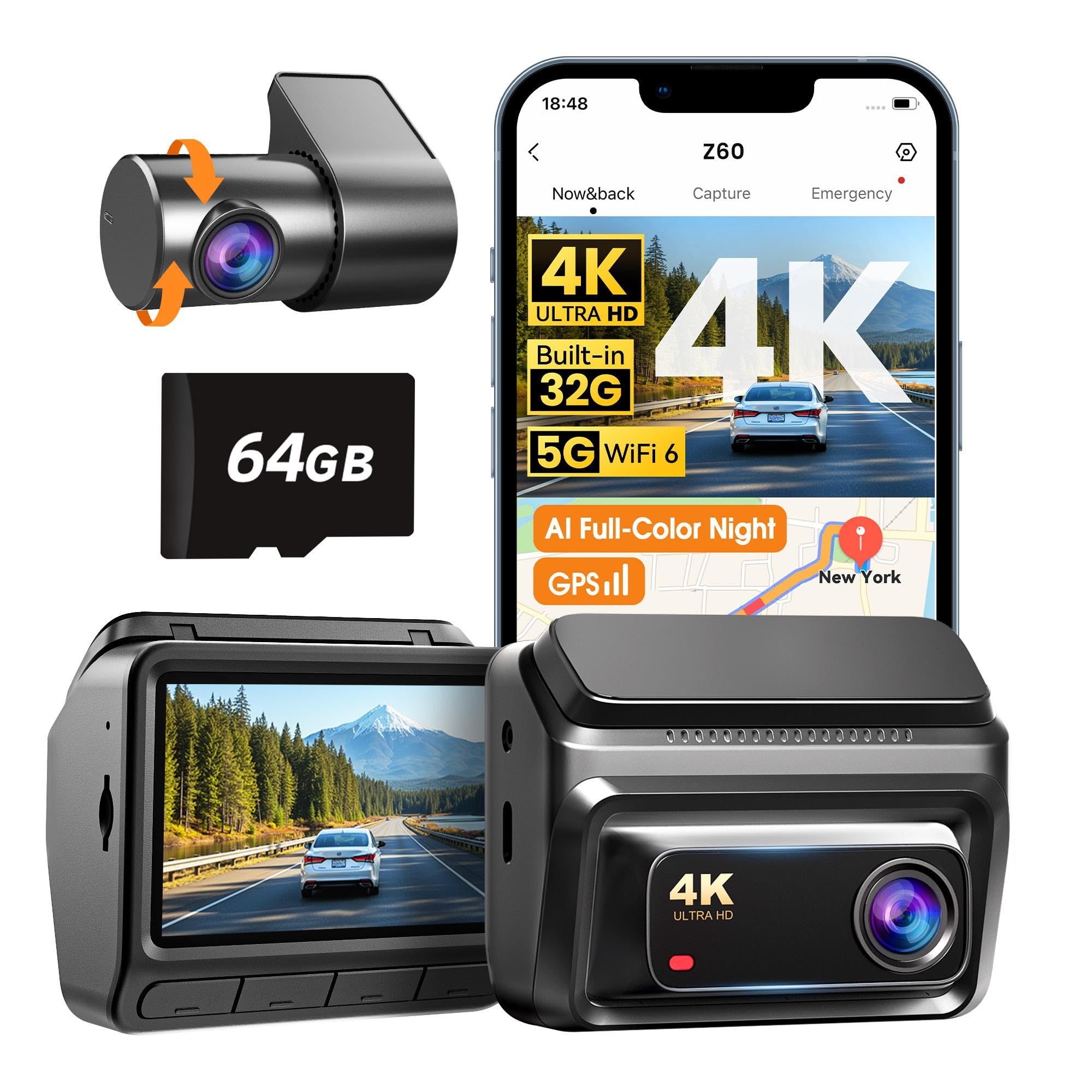 DDPAI Dash Cam Front and Rear, 4K + 1080P Dash Camera for Cars, Real 4K Dashcam with 32G eMMC, Full Color Night Vision, 5GHz WiFi 6, 7 Days Parking Mode, GPS, 3" IPS, ADAS, WDR, Loop Recording, Z60