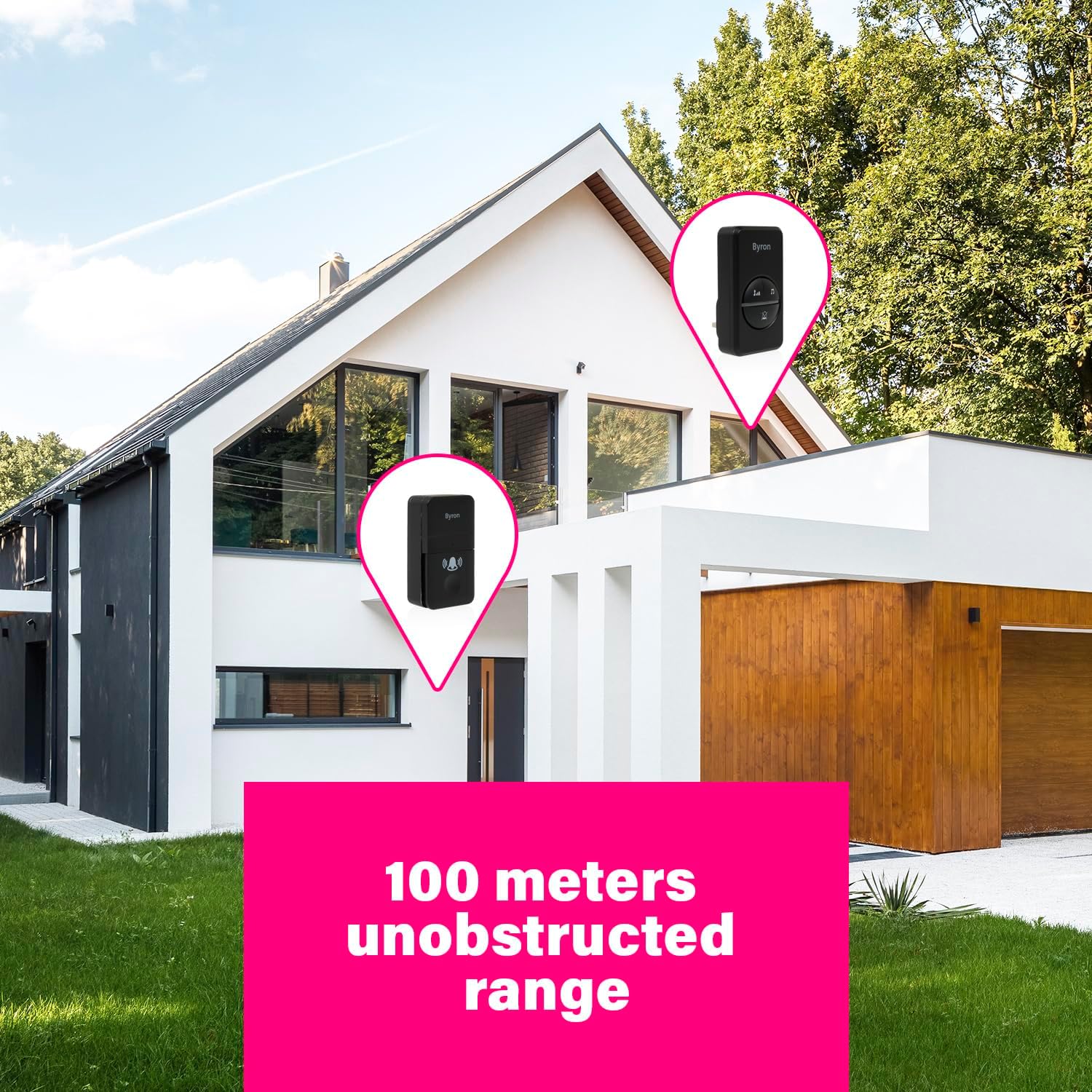 Diagram showing a house with two pin markers indicating the outdoor bell push and the indoor chime unit, illustrating a 100-meter unobstructed range.