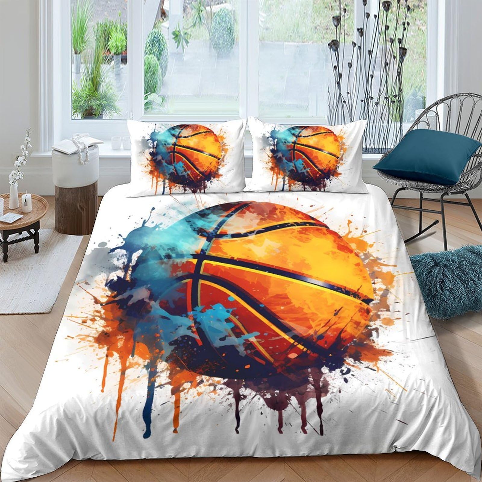 Ctjqhvkz Style-9 3D Printed Watercolor Basketball Fitted Sheet Microfiber Orange Blue Mattress Cover For Bedroom Guest Room Decor Single（135X200cm）