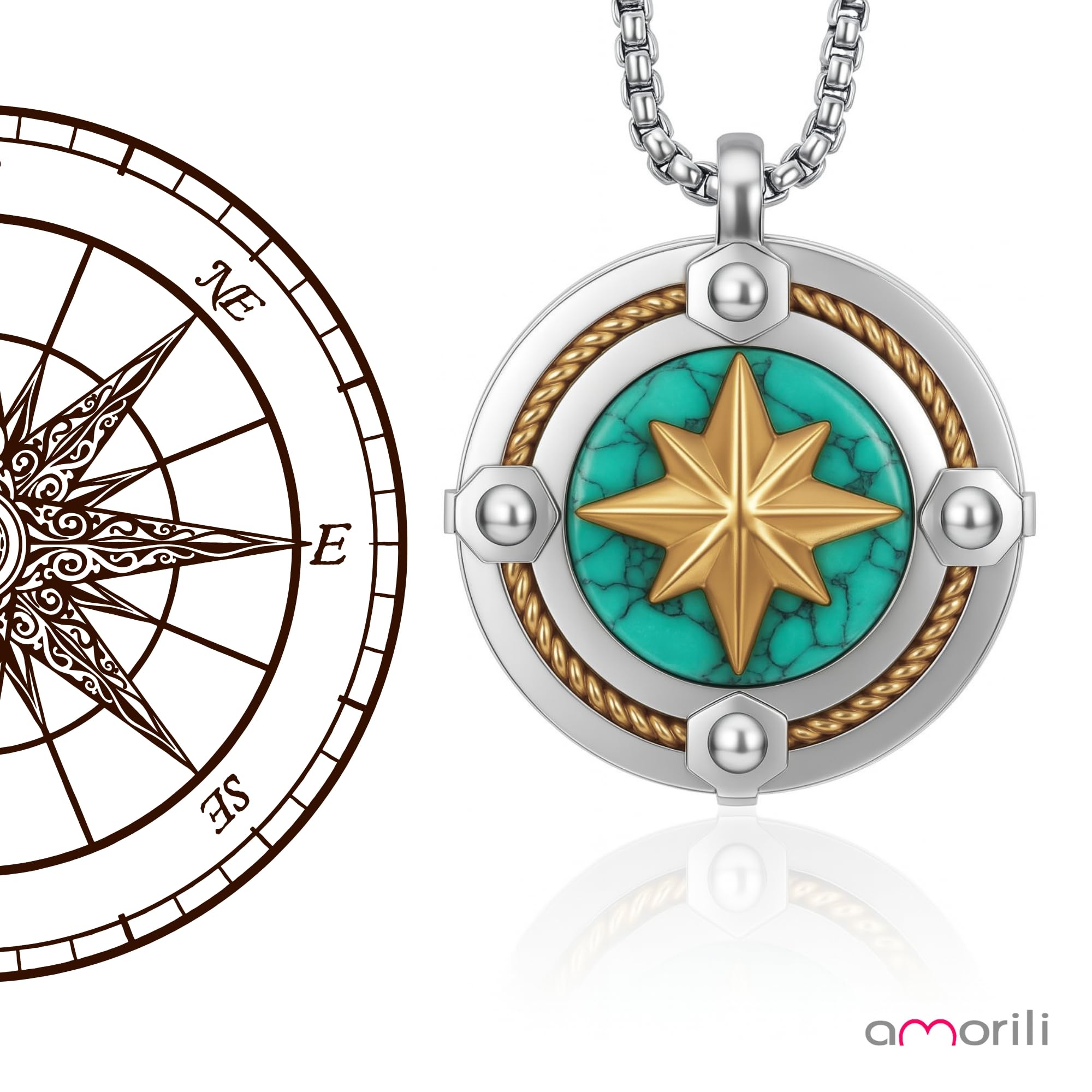 Collana Uomo Rosa dei Venti in Acciaio Inossidabile | Pendente Bussola Nautica | Catena Regolabile Fino a 50 cm | Gioiello Regalo Elegante Stile Marina Militare (l)
