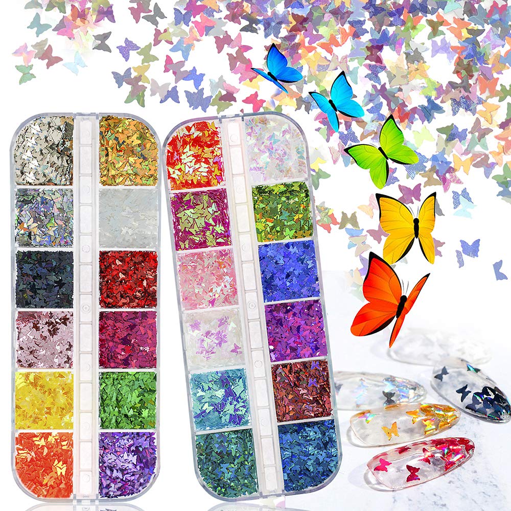 Bscare 3D Butterfly Nail Glitter Sequins 24 Colors/Set Laser Butterfly Nail Sequin Acrylic Holographic Nail Sparkle Glitter for Nail Art Decoration & Glitter for Crafts