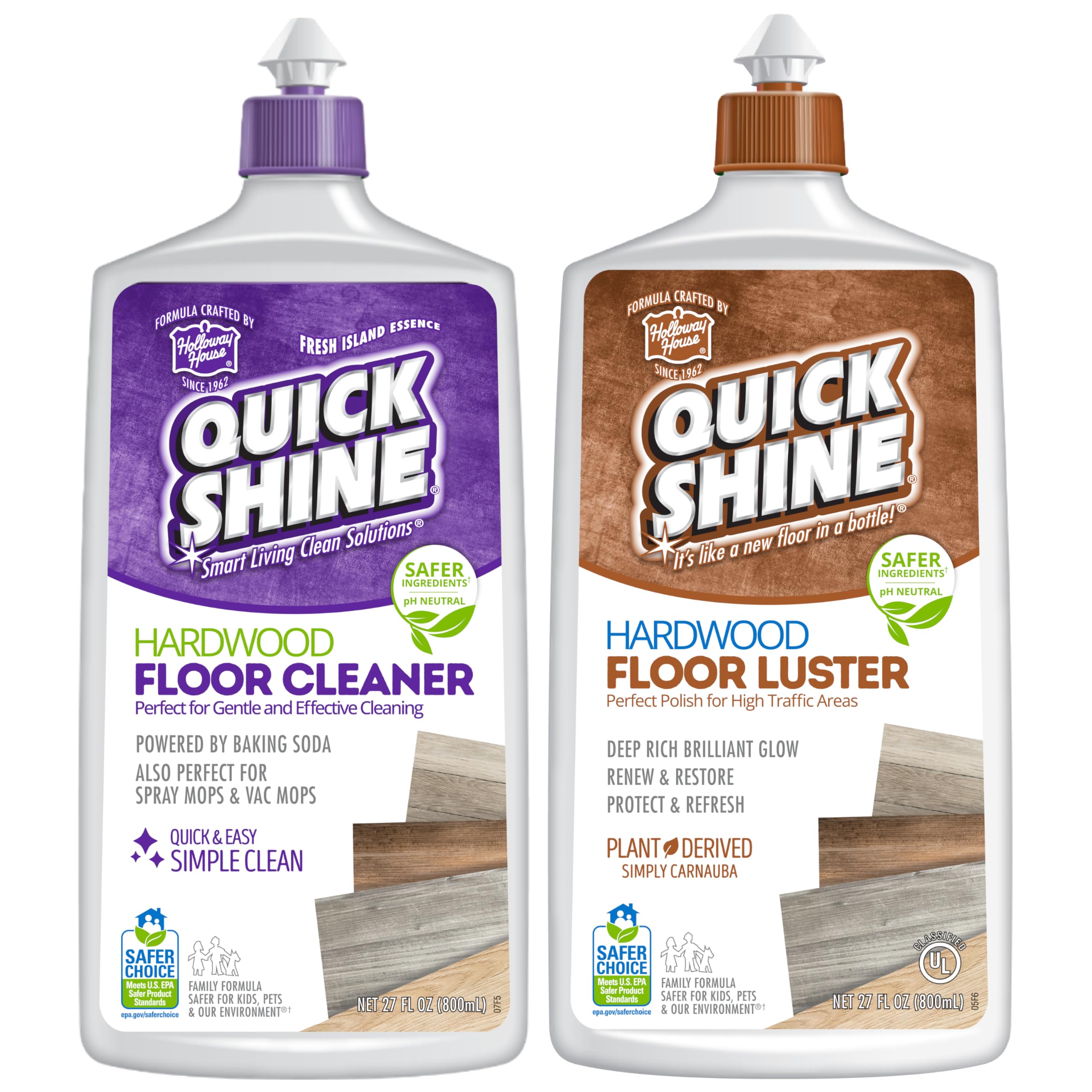 Quick ShineHardwood Floor Cleaner & Wood Floor Polish w/Plant-Derived Carnauba 2-27oz Bottles, Removes Scratches, Safer Choice, A Clean That Can Be SeenU.S. EPA Safer Choice