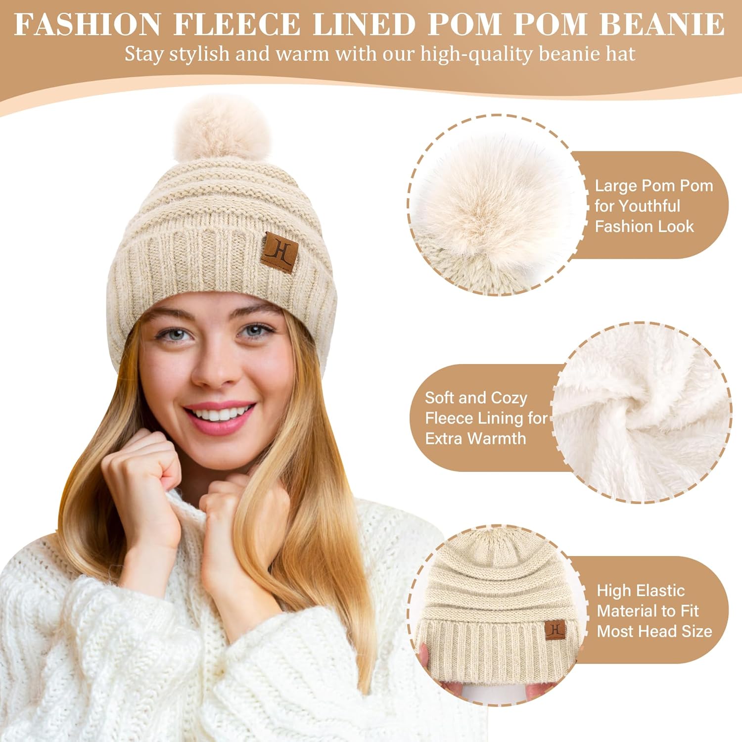 Womens Winter Hats Beanie Touchscreen Gloves Long Scarf Set Knit Warm Caps with Pom Fleece Gifts for Women - Image 2