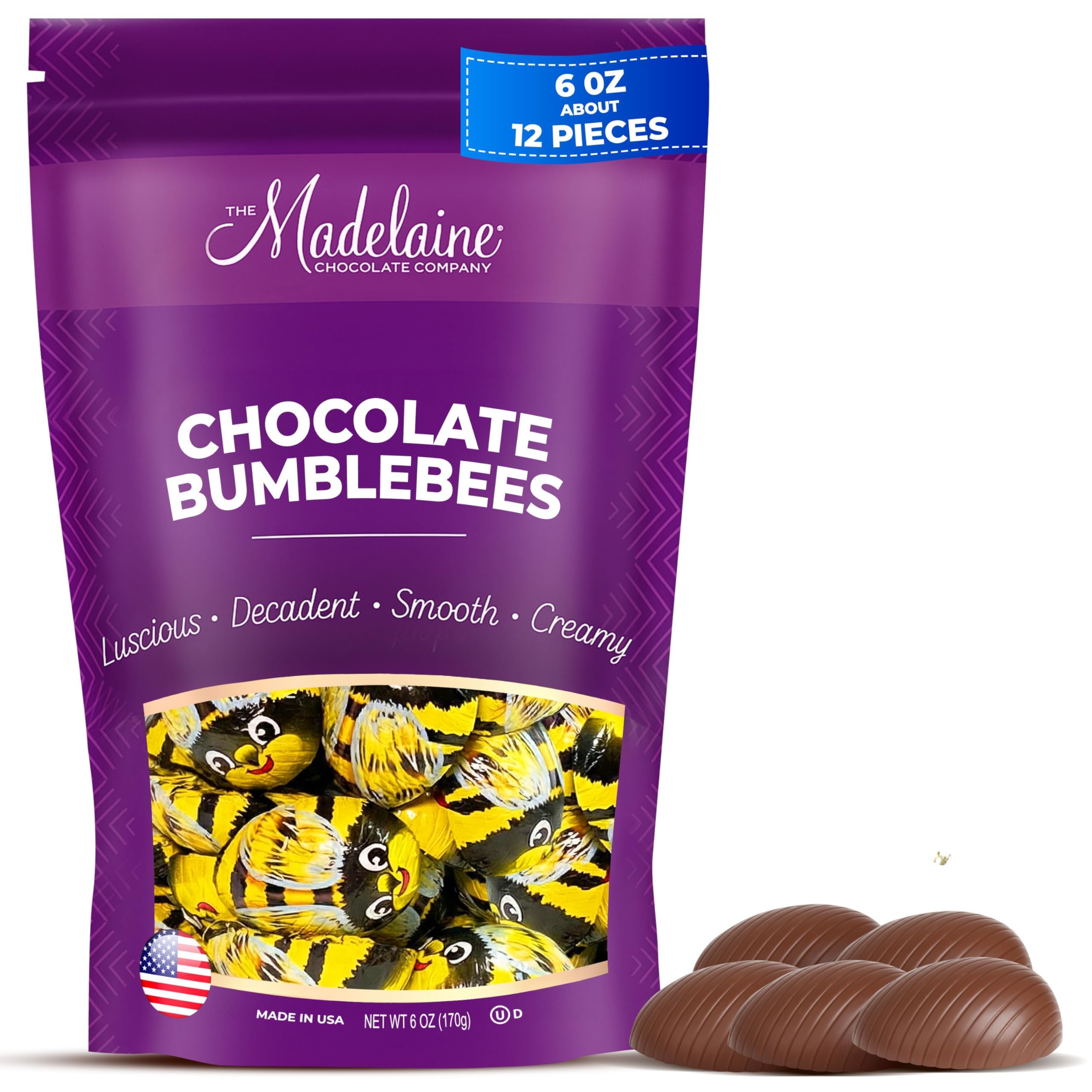 Madelaine Milk Chocolate Bumblebees - 12 Premium Pieces, Perfect for Spring Celebrations, Easter & Mother's Day - Whimsical Novelty Chocolate Basket Stuffers (6 Oz)