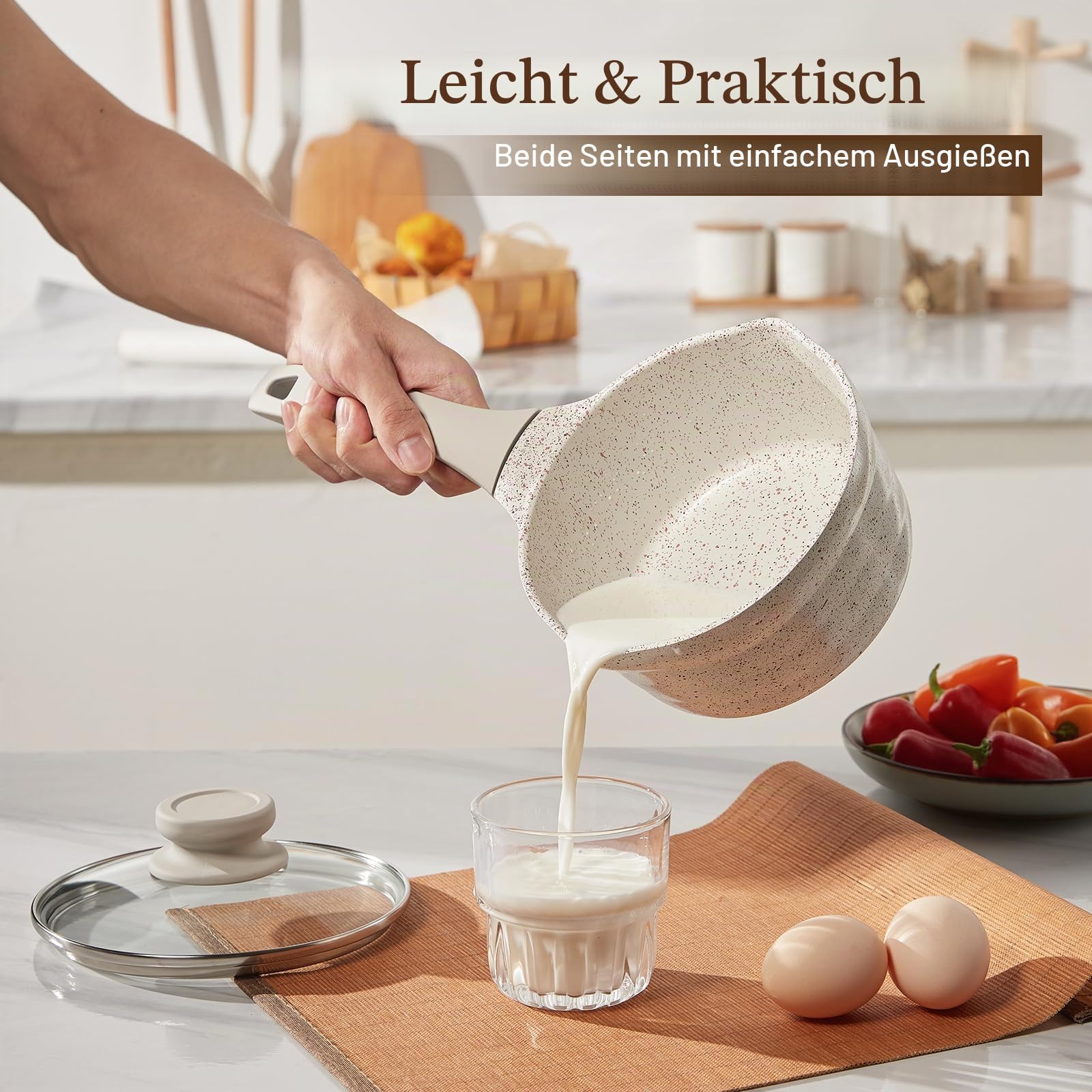 ROSSETTO Kasserollen Set 16cm + 20cm Induktion Töpfe Klein Stielkasserollen Kleiner Kochtopf Stieltopf mit Ausguss, PFAS frei Keramikbeschichtung antihaftbeschichtet 1,2L + 2,5 L