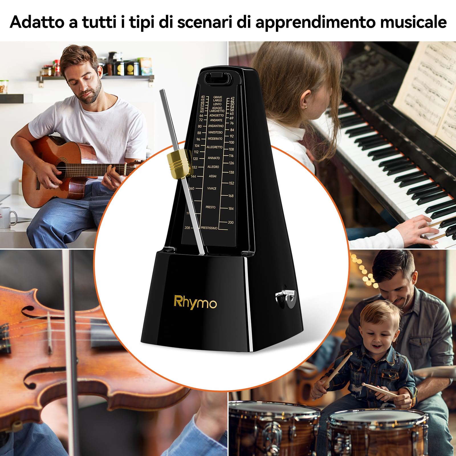 Rhymo Metronomo Meccanico a Movimento in Metallo - 40-208 BPM, 4 Ritmi Accurati (2/4, 3/4, 4/4, 6/8) - per Pianoforte, Chitarra, Ukulele e Violino, (Nero)