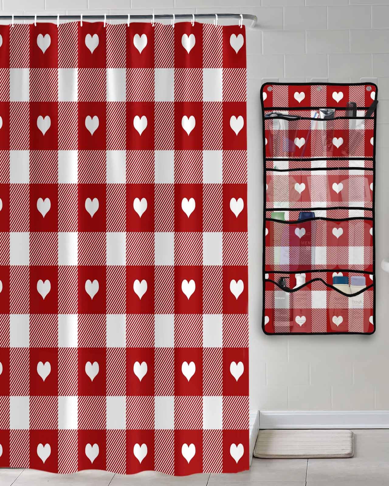 Shower Curtain Mesh Shower Organizer Hanging Set Valentines Day Romantic Love Heart Red White Plaid Waterproof Shower Curtains