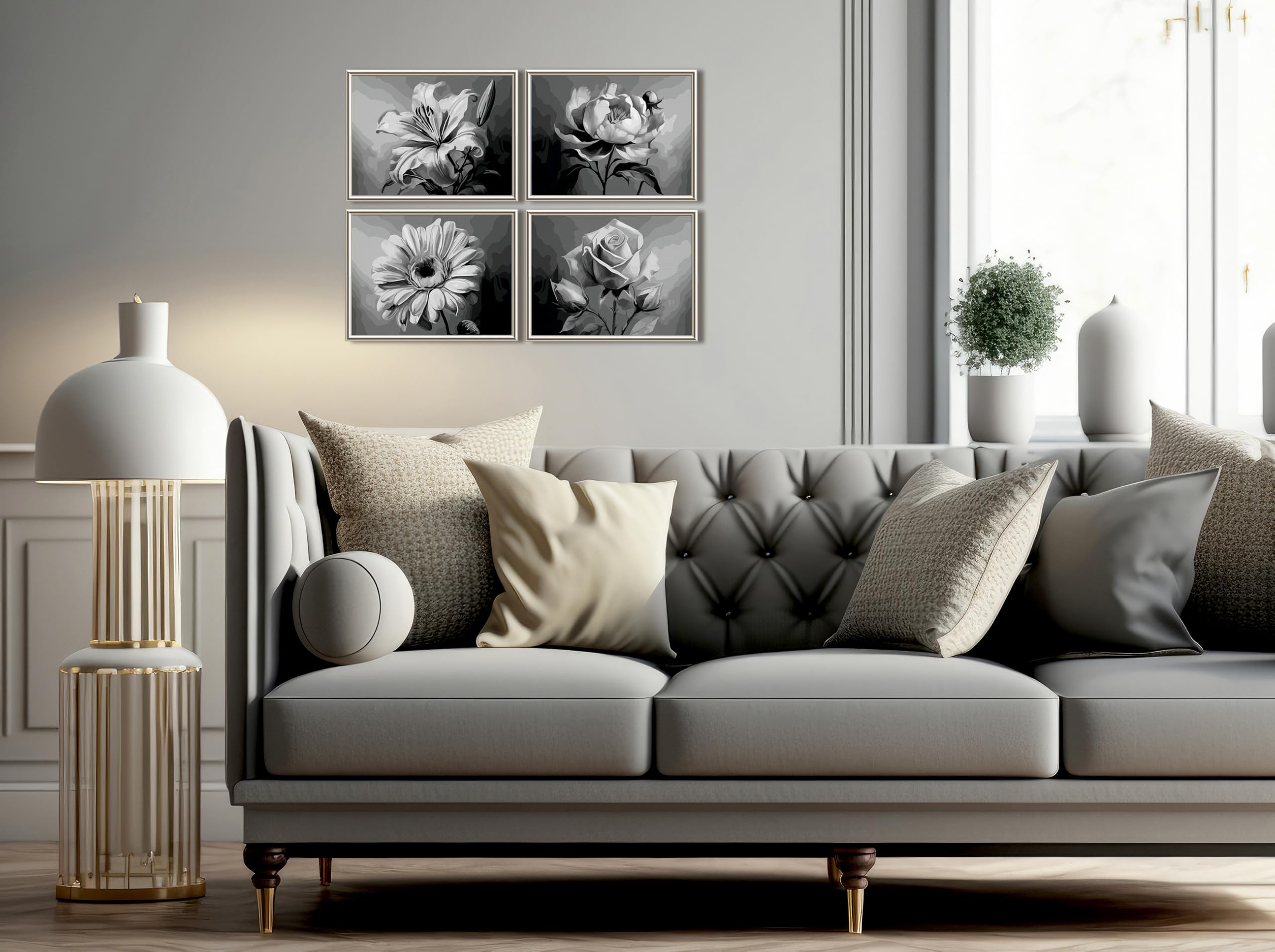 Schipper 609340919 Dipingere con i numeri, varietà di fiori, pittura per adulti, pennelli e colori acrilici, quattro 18 x 24 cm ciascuno