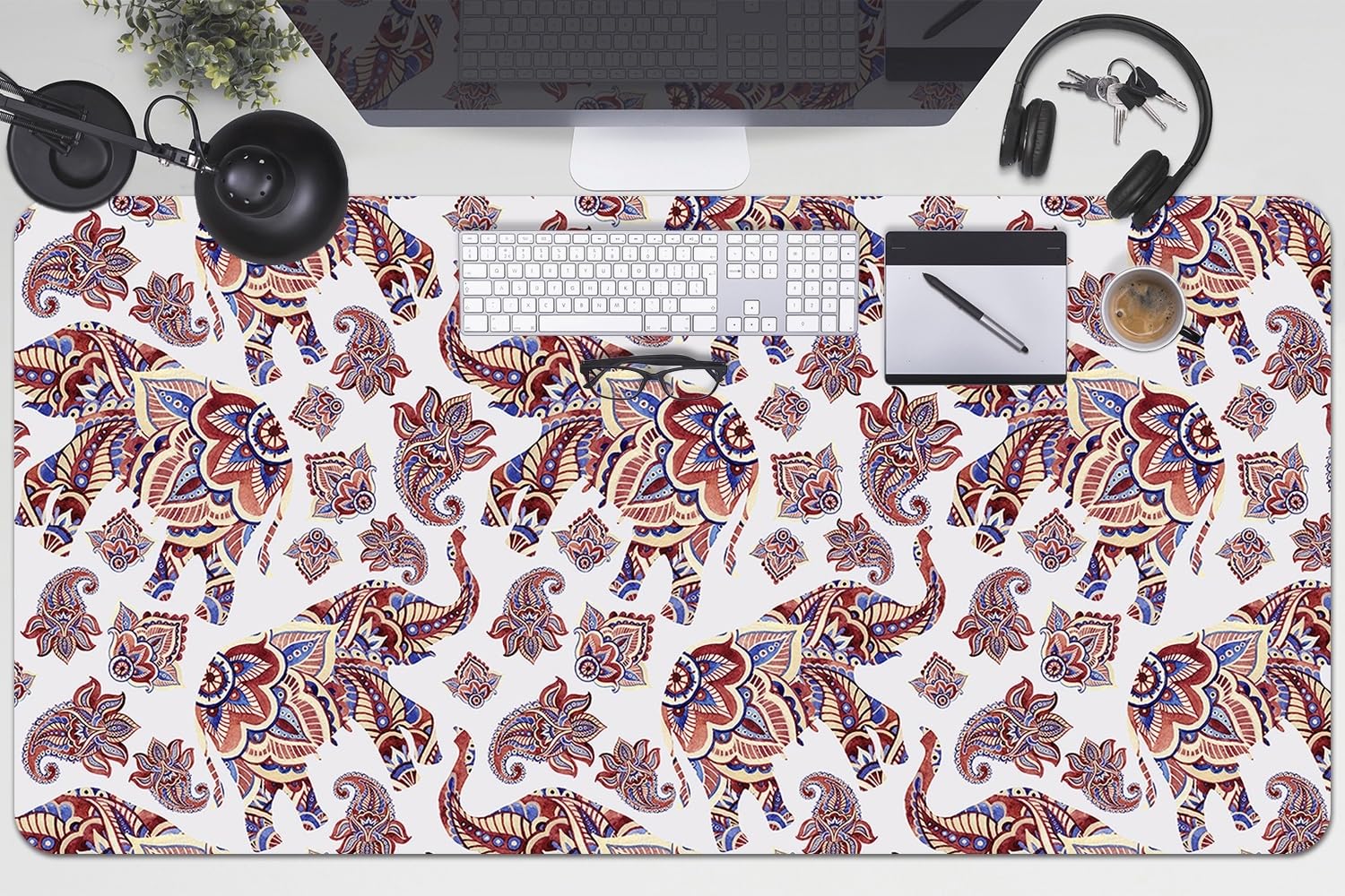 Tappetino da Scrivania 100x50 cm Protezione e Decorazione in Vinile PVC Antiscivolo Impermeabile Facile da Pulire Superficie Protettiva per Ufficio e Casa - Elefante Paisley