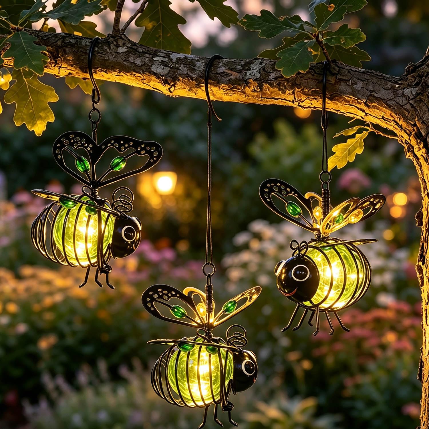 Solar-Powered Hanging Bee Light for Garden, 4-Pack Metal Glow Lanterns with Spring Hook, Flicker-Free Auto Sensor Outdoor Decor for Patio, Yard, Balcony & Tree Branches (3*Green)
