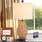CINSARY 27" Boho Rattan Table Lamp with Night Light, Wicker Bedside Lamp with USB A+C Charging Port, Woven Coastal Bedroom Lamps for Nightstand, Tall Farmhouse Lamps for Living Room Single