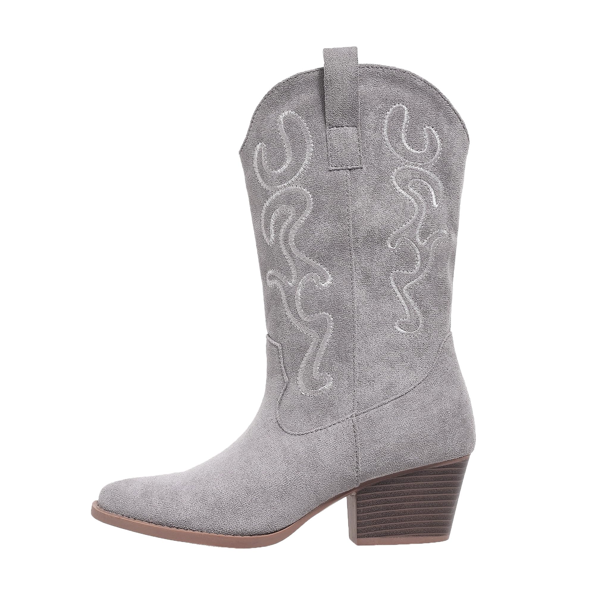 Bandkos Cowboy-Stiefel für Damen, bestickte Cowboy-Stiefel mit mittleren Waden, niedriger Absatz, modische Stiefel