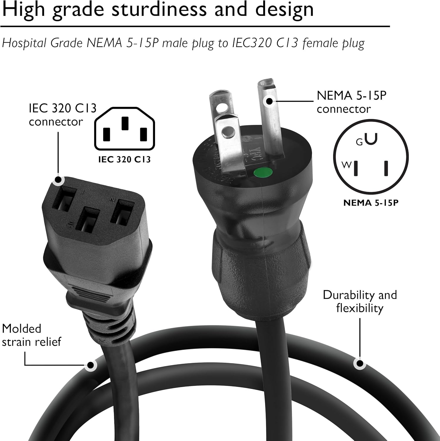 GearIT (5-Pack) 6 Feet 18 AWG Professional Hospital Grade Power Cord NEMA 5-15P to IEC320 C13 SJT Type Cable for Medical/Home/Office, Black