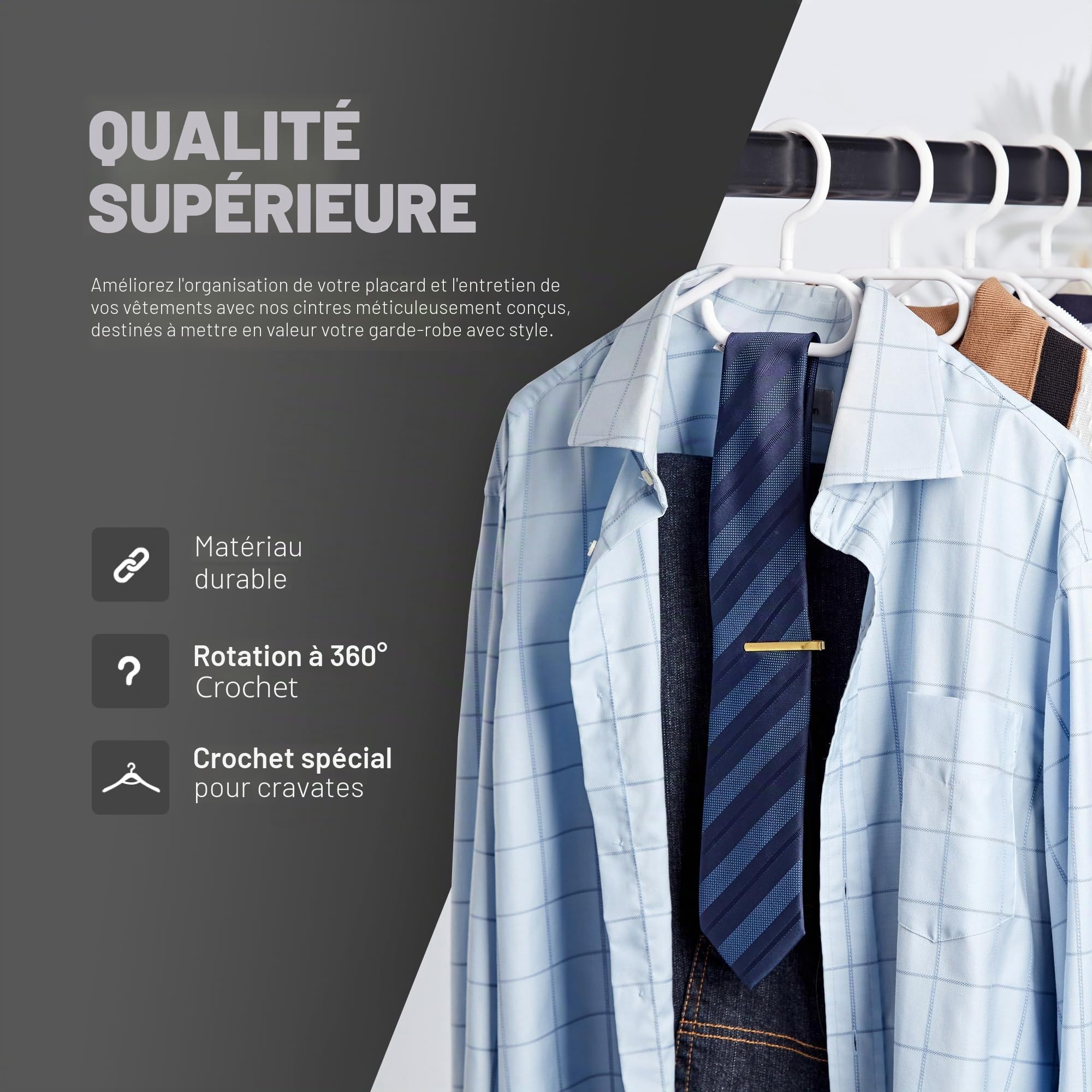 KEPLIN Cintres en Plastique Blanc - Lot de 20, Gain de Place, Robuste, Ceintres Pivotants pour Manteau, Robe, Chemise, Veste, Pantalon I Cintres Antidérapants Crochet Rotatif et Cintre à Cravates