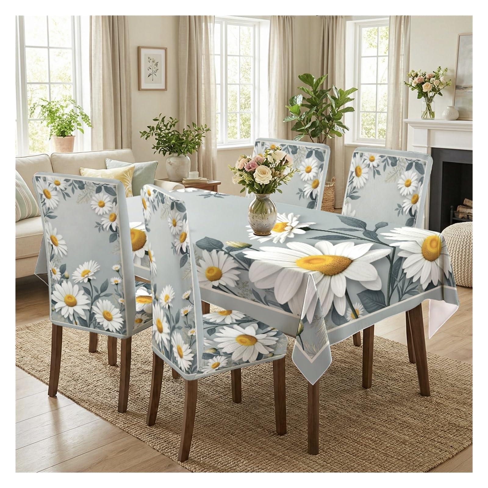 KXUAUV Stretch Dining Chair Slipcover & Tablecloth Set, Light Gray White Daisy Floral Print, 5/7 Pack, Fresh Farmhouse Kitchen Home Decor Party Decor(5pcs Set: Tablecloth+Chair Covers)