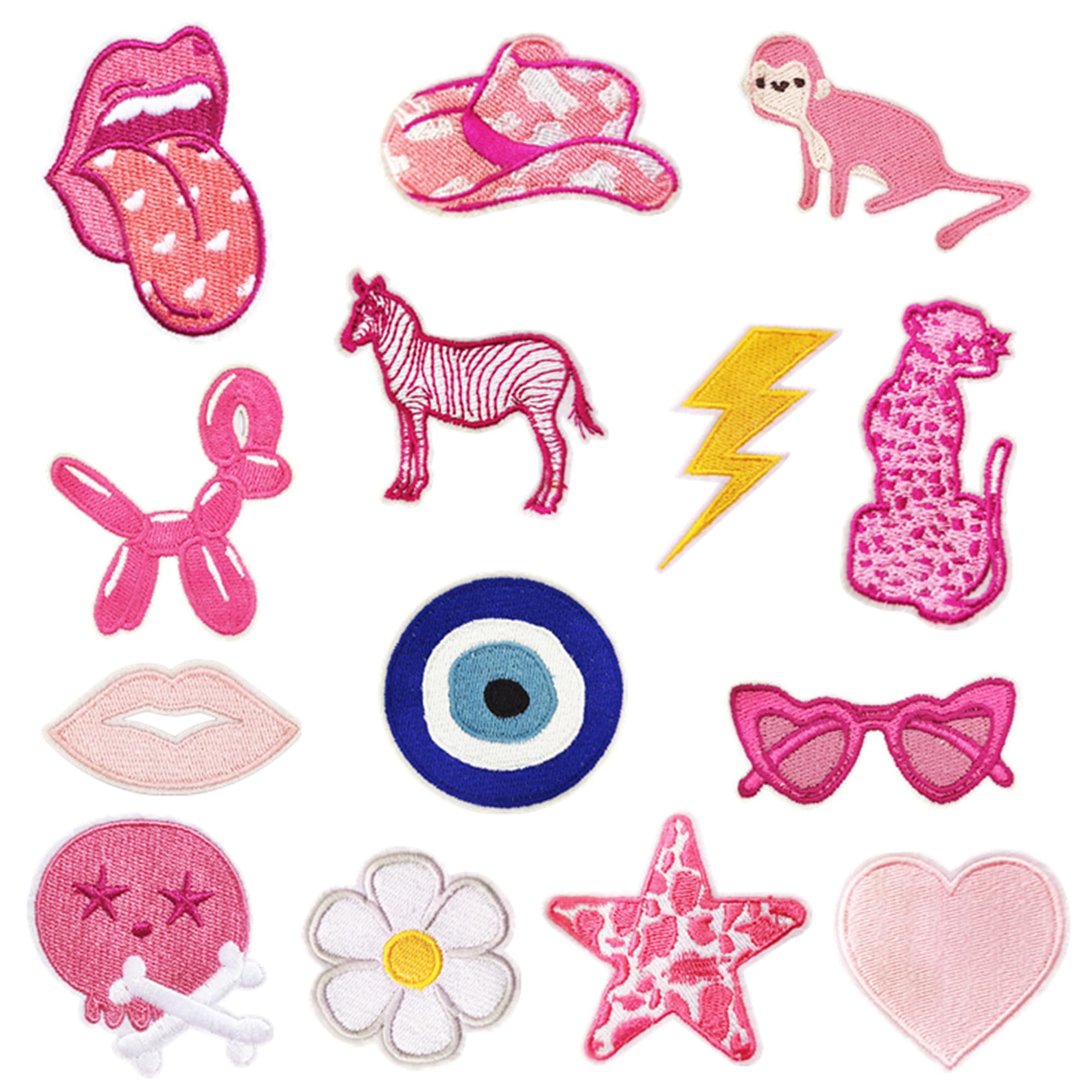 Attuslla 14 PCS Embroidered Patches Pink Animals Iron on Patches Sew on Applique Patch for Dress Jeans Pants Hats, Repairing and Decorating