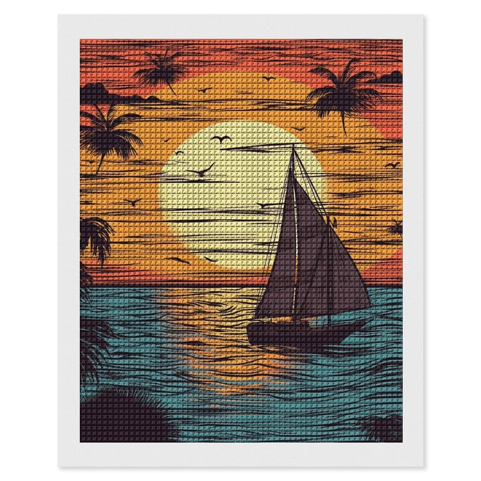 Sunset and Sailboat Diamond Art Kits for Adults, DIY 5D Diamonds Painting Kits for Beginner, Round Full Drill Diamond Dots Painting, 16"x20" Diamonds Pictures Gem Art and Crafts Wall Decor