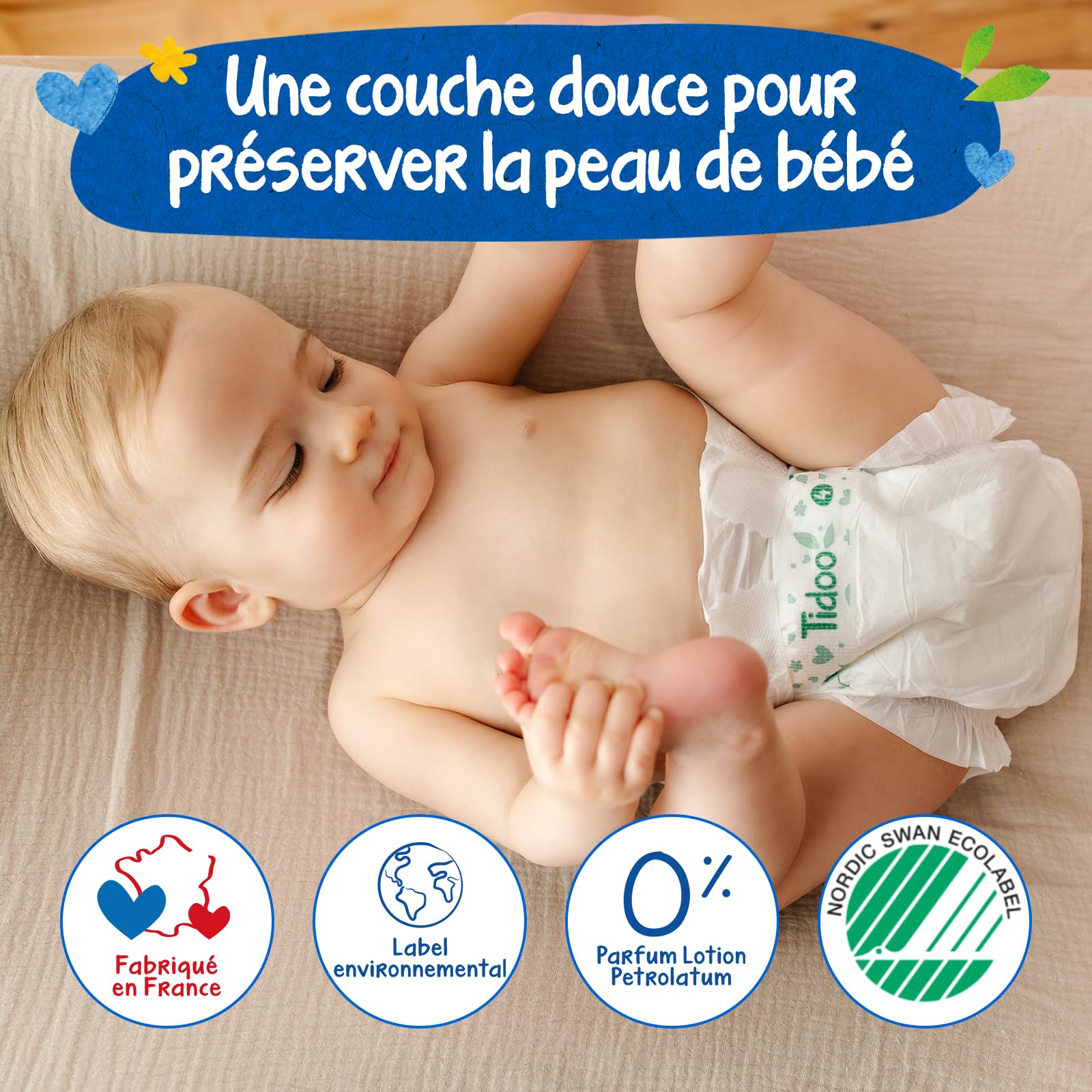TIDOO - Couches écologique Taille 5 (12-25kg) - Origine Naturelle, sans substances nocives - 12h au sec, ultra absorbantes - Fabriquées en France - 120 Couches Jetables - Pack 1 Mois
