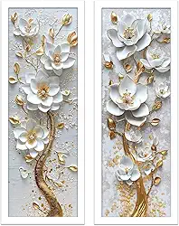 Kit 2 quadros 18x45 cm, moldura e vidro, árvore dourada flor (Branco)