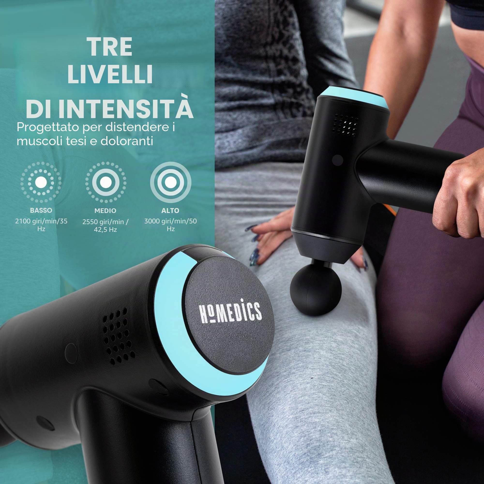HoMedics, Pistola Massaggio Muscolare, Massaggiatore Portatile per Fisioterapia, Pistola Massaggiante Professionale a Percussione per Tessuti Profondi, 3 Testine, Ricaricabile, Nero